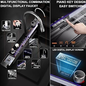 Single-Bowl Waterfall Sink Multifunctional Single-Bowl Kitchen Workstation Sink Waterfall Pull-Down Faucet And Complete Accessory Set