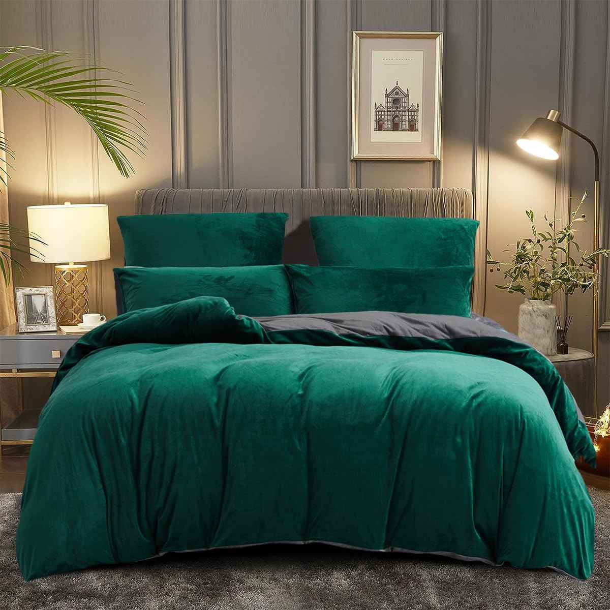 DXHOME Ropa de cama de terciopelo de invierno de 135 x 200 cm, color verde, verde oscuro, gris, cálido, mullido, forro polar coral, reversible, moderno juego de funda nórdica con cremallera + 1 funda