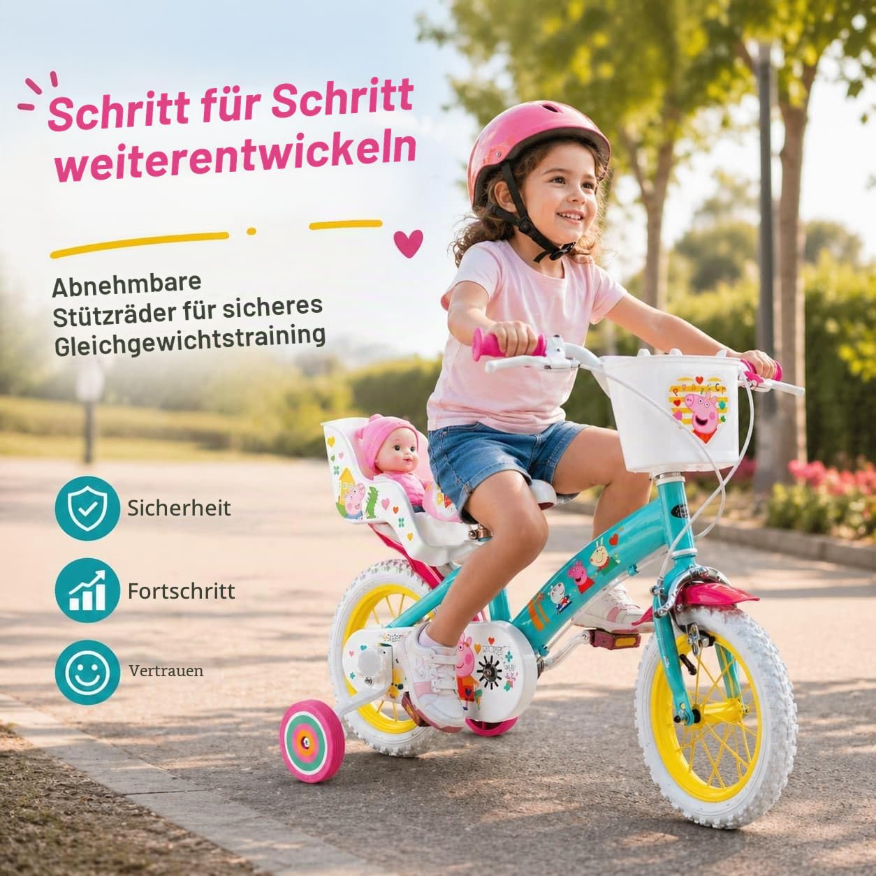 Kinderfahrrad Peppa Pig 12 Zoll mit Stützrädern Korb Puppensitz 3-5 Jahre