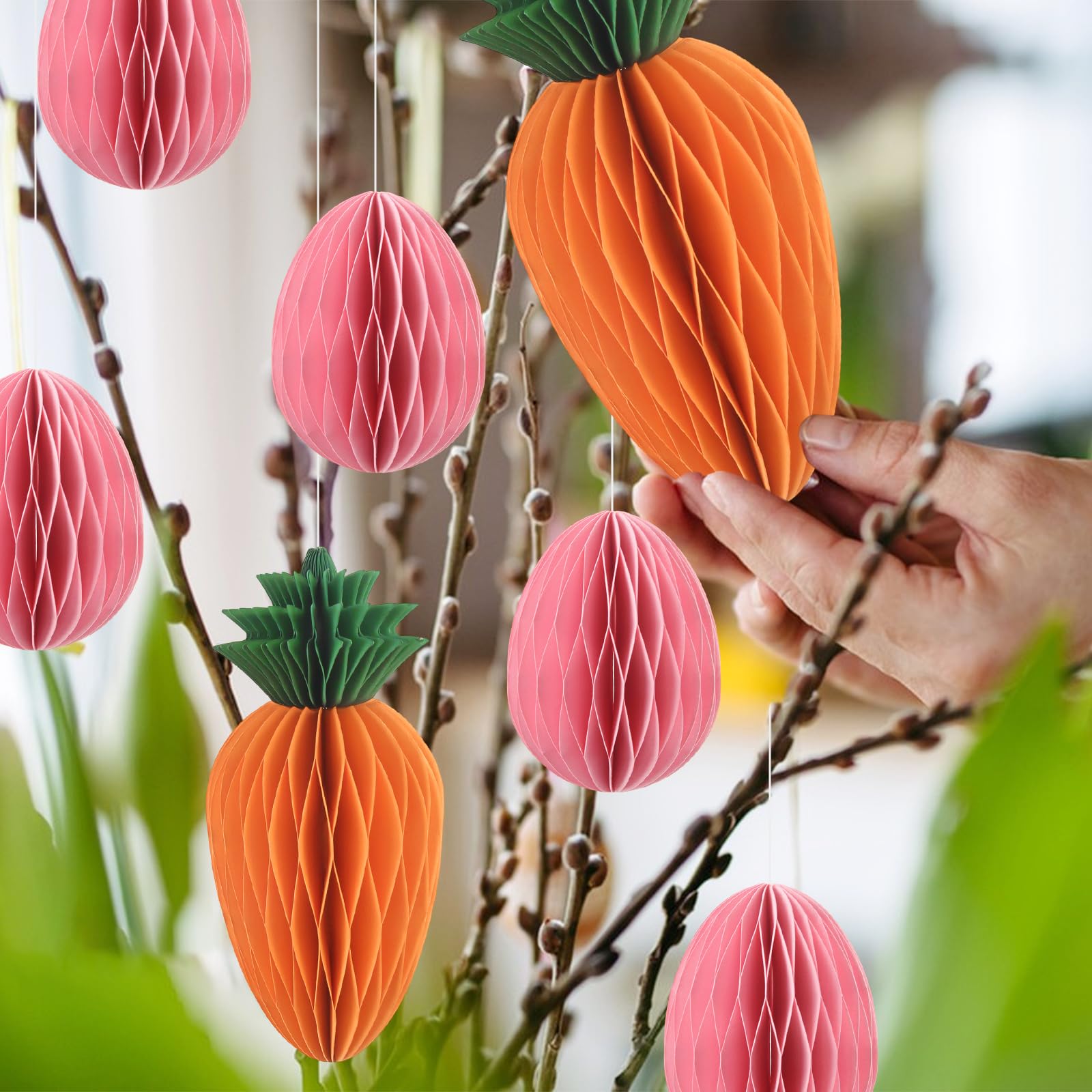 JINXIAN 10 Pack Honeycomb Decorations Easter Tree Have Carrot/Easter Egg Paper Flowers for Crafting Reusable for Birthday Wedding Easter Party Hanging Decorations