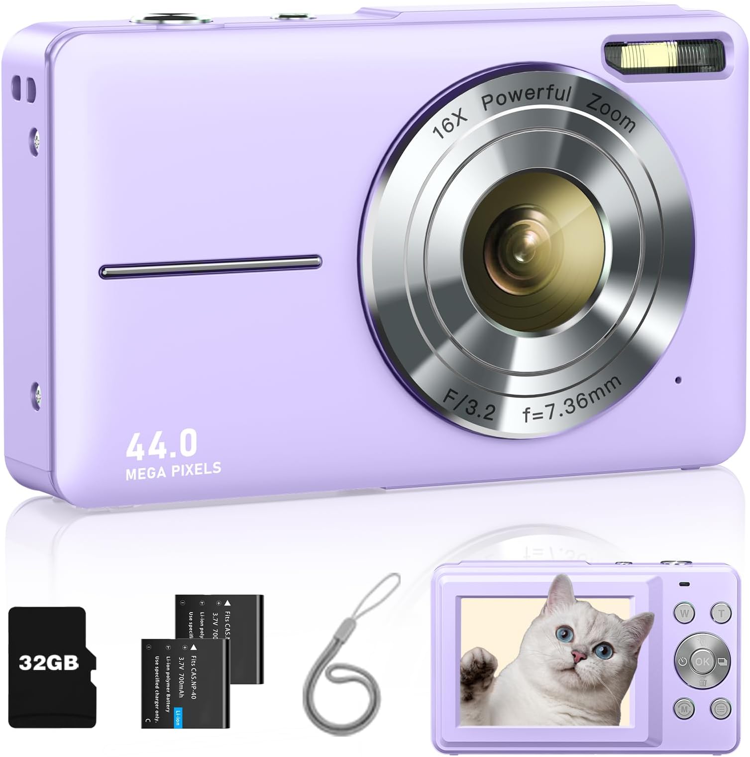 Lecran Digital Camera,Fhd 1080P Kids Camera With 32Gb Card,2 Batteries,Lanyard,44Mp 16X Zoom Anti Shake,Compact Portable Point Shoot Mini Camera For Kids Teens Students Children Girls Boys(Lilac)