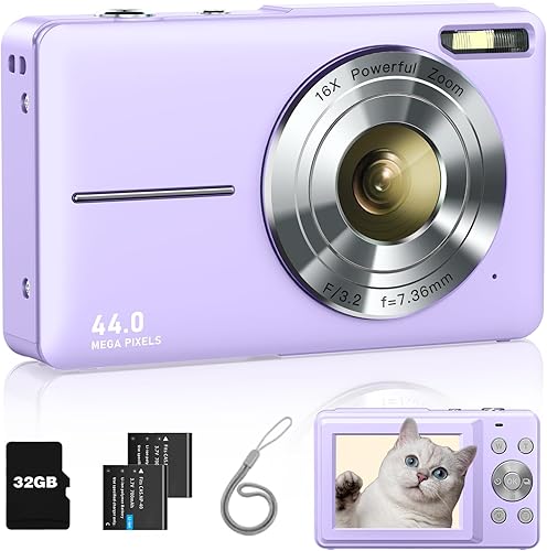 Miniatura 24 de Cámara digital, FHD 1080P apuntar y disparar para niños, con tarjeta de 32 GB, 2 baterías, sello de fecha antivibración con zoom 16X, compacto, Rosa