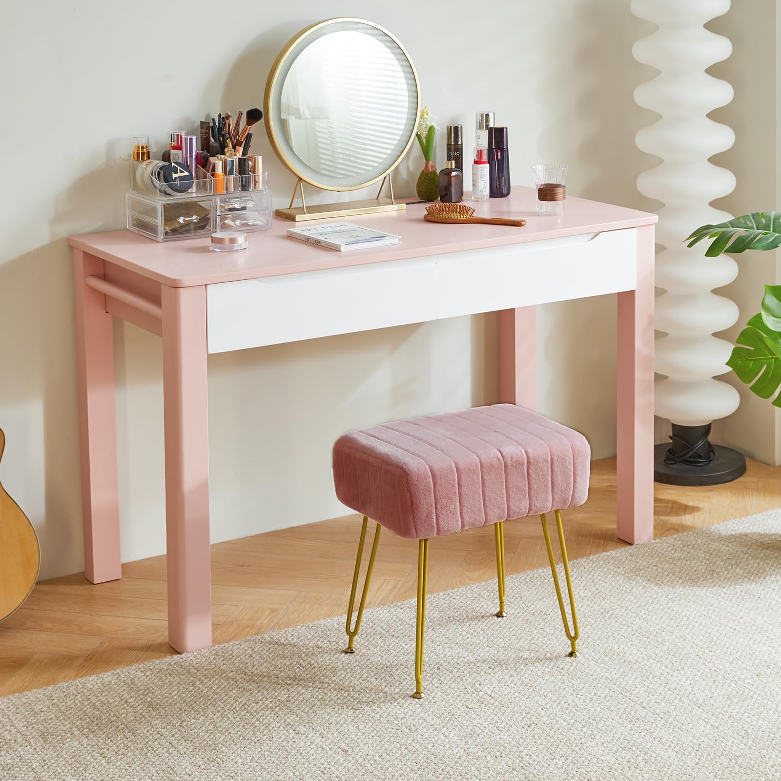 IBUYKE Make-up Vanity Hocker, Samt Rechteckstütze, Pink L/G-51P | Osmanische Seite Umkleidetisch Sitz Pouf Couch Stuhl Goldene Stahlbeine