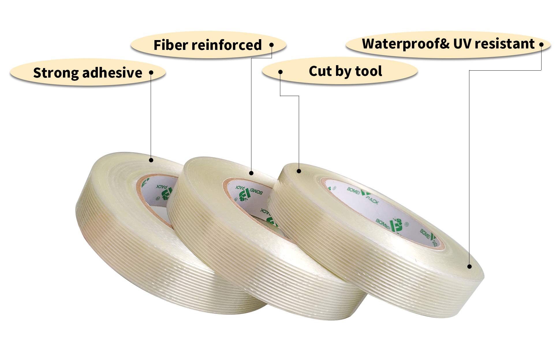 36Rolls Nastro Filamento in fibra di vetro, 5,5 Mil 24 mm x 60 yds, Nastro rinforzato in fibra trasparente per trasporto di imballaggi pesanti, BOMEI PACK