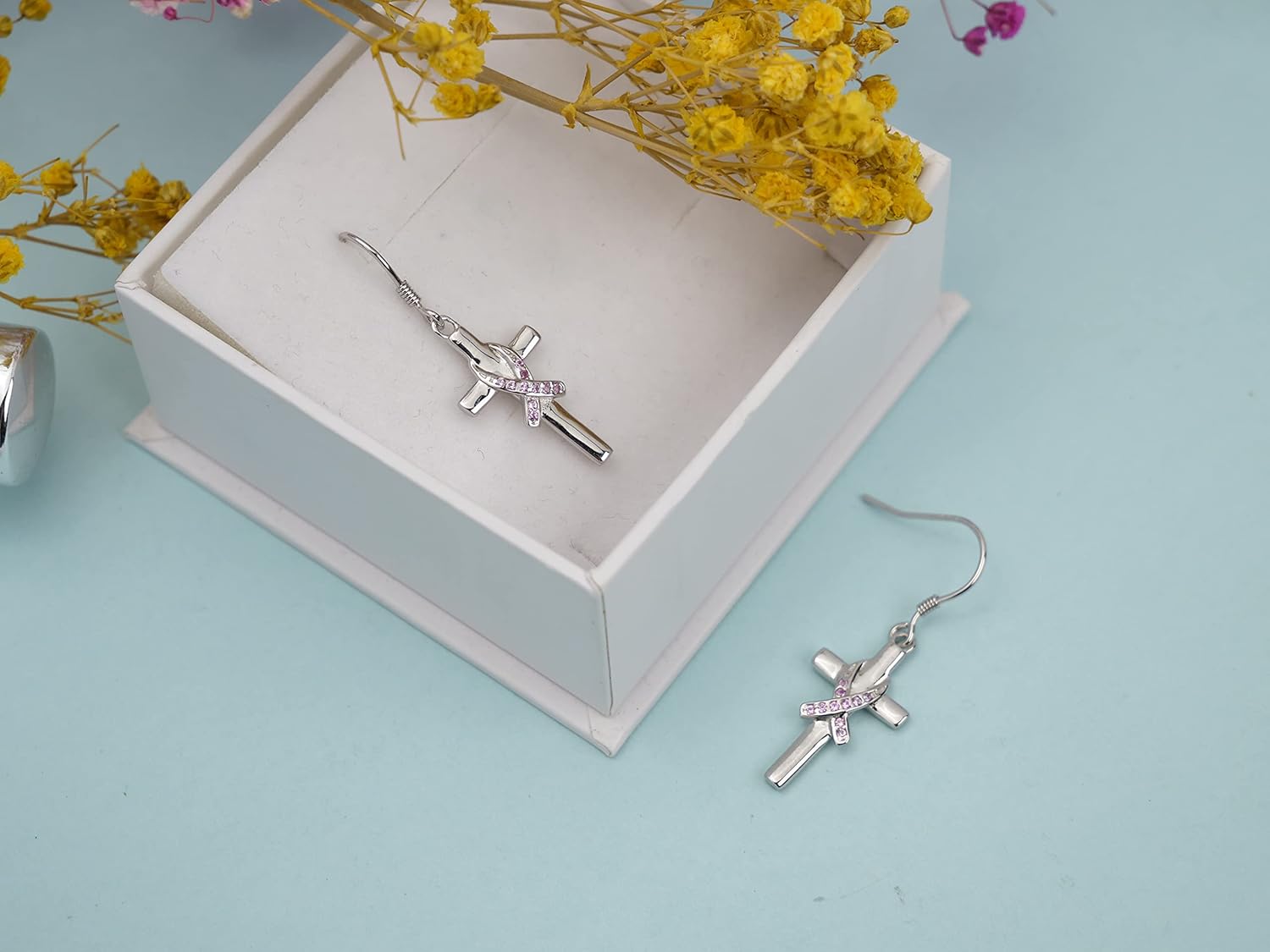 Breast Cancer Awareness Earrings Cross Dangle Earrings 925 Sterling Silver Pink Ribbon Earrings Breast Cancer Survivor Gifts for Women - Image 7