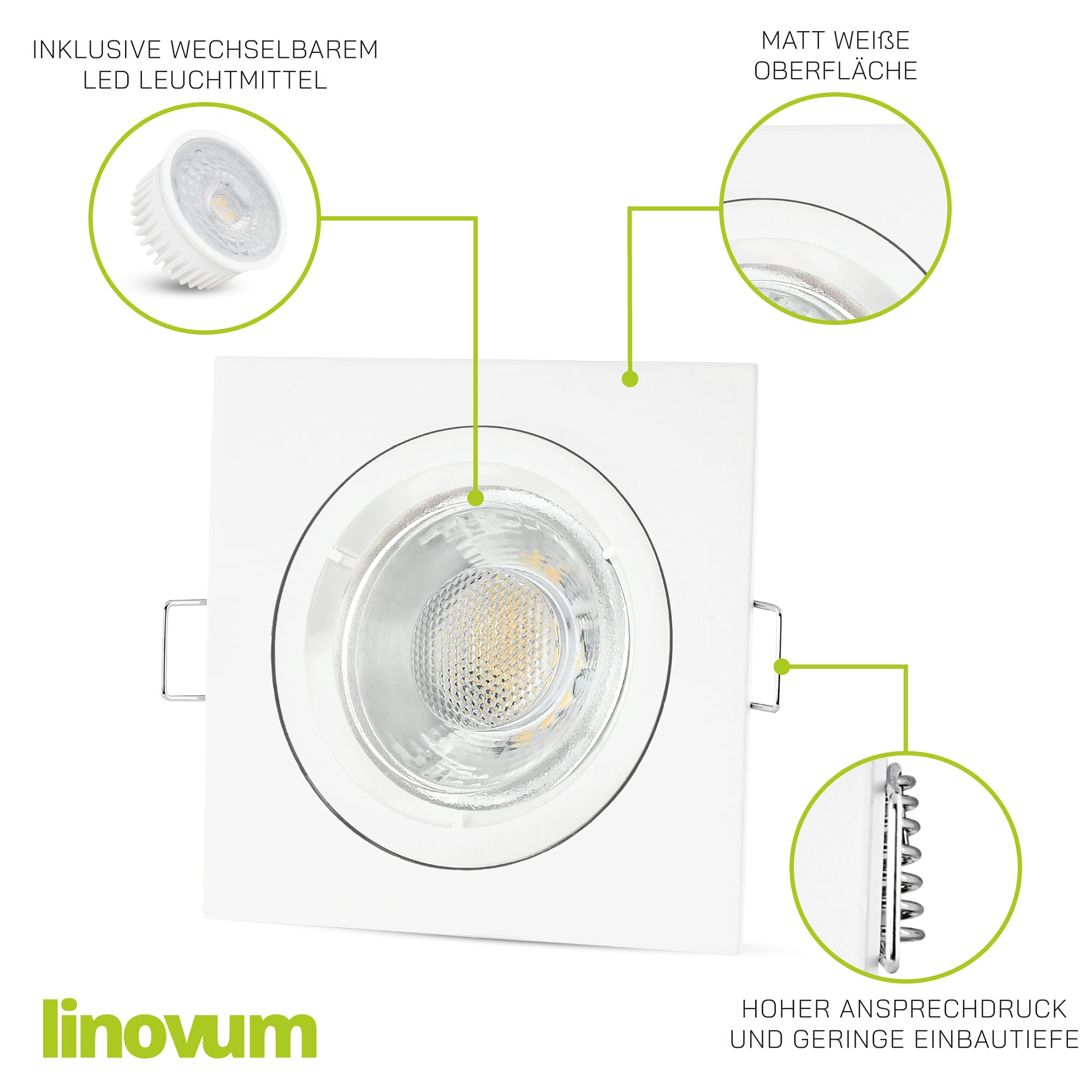 linovum 10er Set LED Einbauleuchten flach (36mm) eckig matt-weiß - Einbaustrahler Set mit LED Modul wechselbar 4W warmweiß