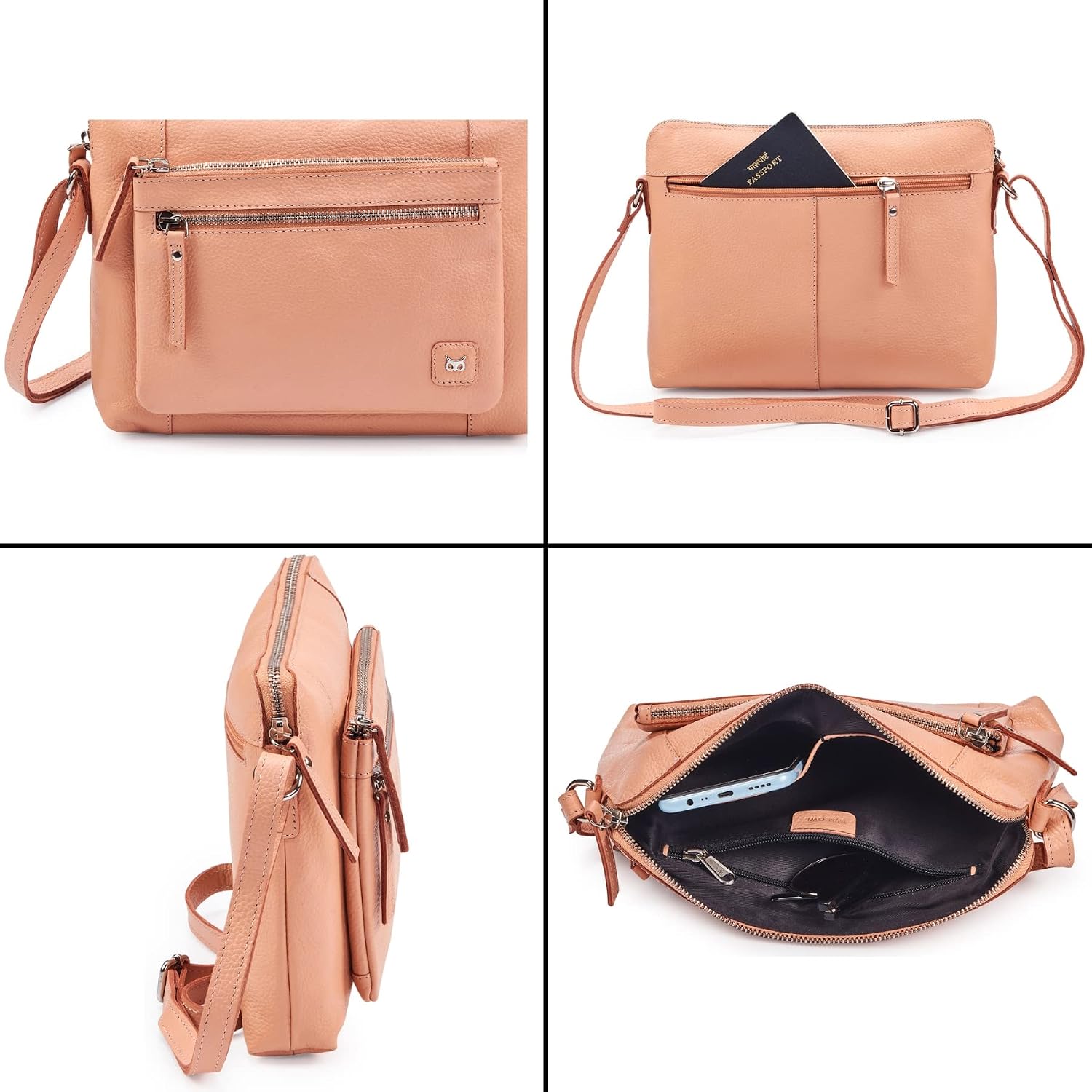 Leather Crossbody Bags for Women Small Soft Genuine Pebbled Sling Shoulder Handbag Crossover Purse with Full Adjustable Strap (Peach Nappa)