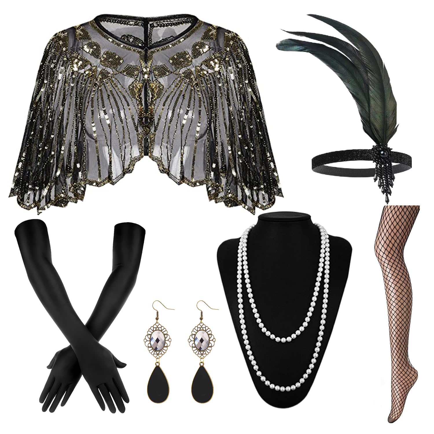 1920s Gatsby Flapper Accessories Set, Roaring 20s Accessories Women Feather Headpiece Necklace Earrings Long Gloves,Black Gold