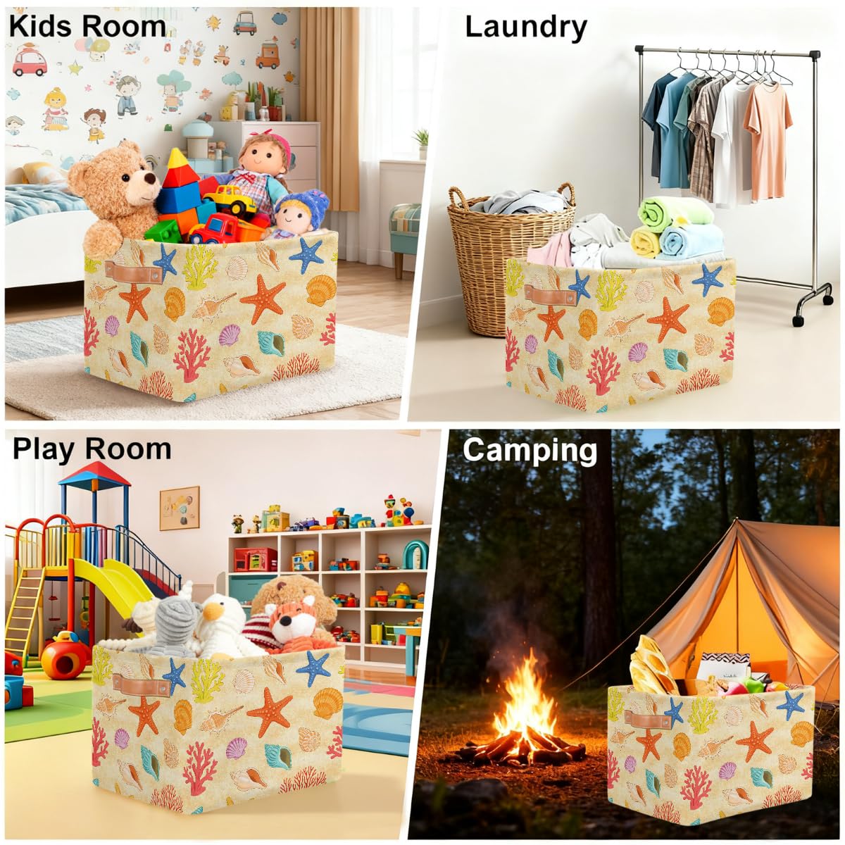 Rechteckiger Aufbewahrungskorb mit Ledergriffen, Cartoon-Sommer-Strand-Motiv, 2 Stück, faltbarer Stoff-Aufbewahrungskorb für Schrank, Badezimmer, Wohnzimmer, Büro, Spielzeug, Organizer
