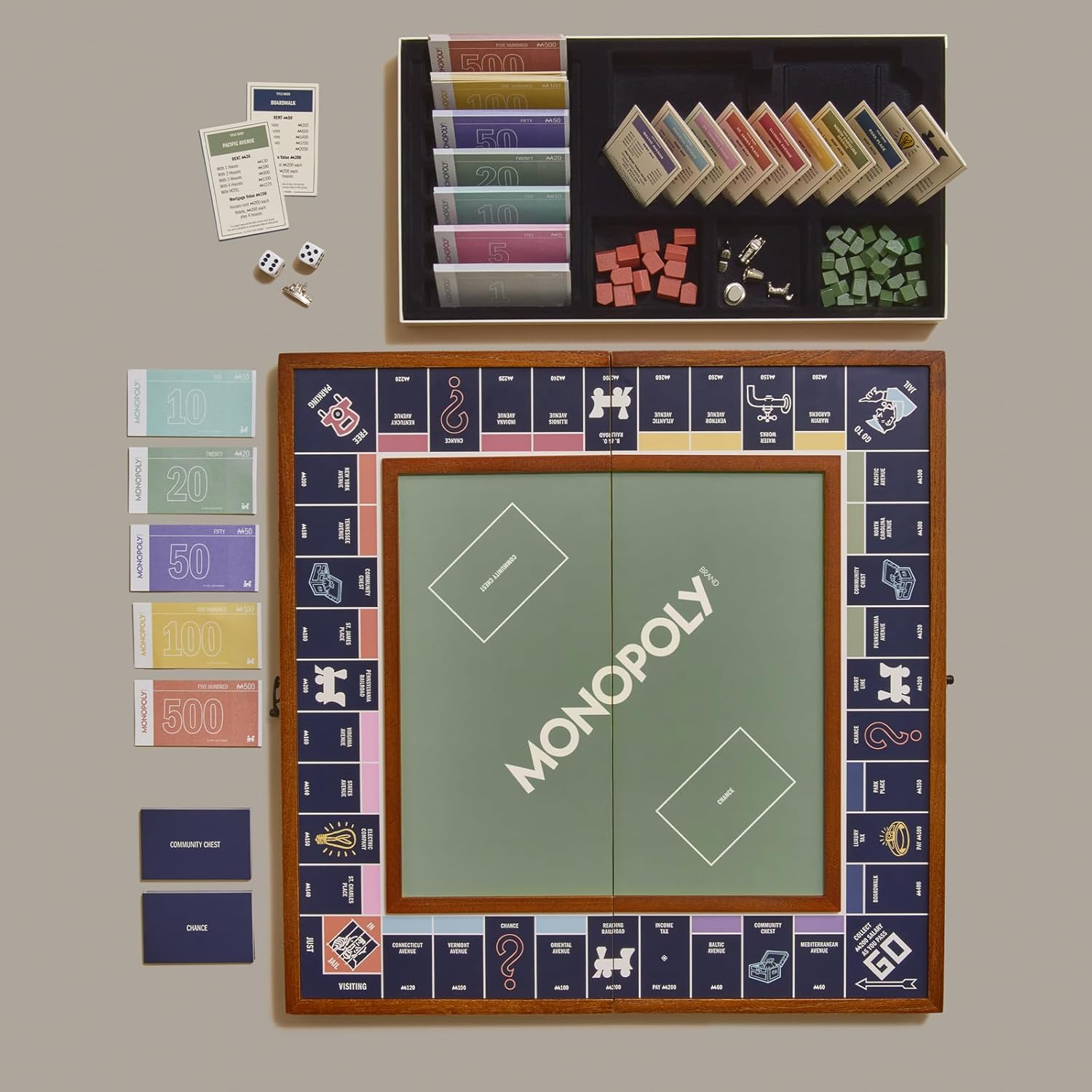 WS Game Company Monopoly Grand Folding Edition – Elegant Wood-Framed Board, Die-Cast Tokens, Wooden Hotels, and Organized Storage – Premium Family Game Night Set