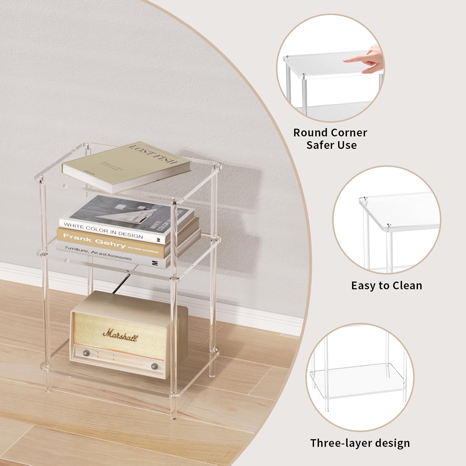 Acrylic Side Tables with 3 Shelve,Bedside Table Clear Nightstand for Bedroom Modern End Table for Living Room, Sofa Table, Side Table 15.7" L x11.8 Wx 23.6" H