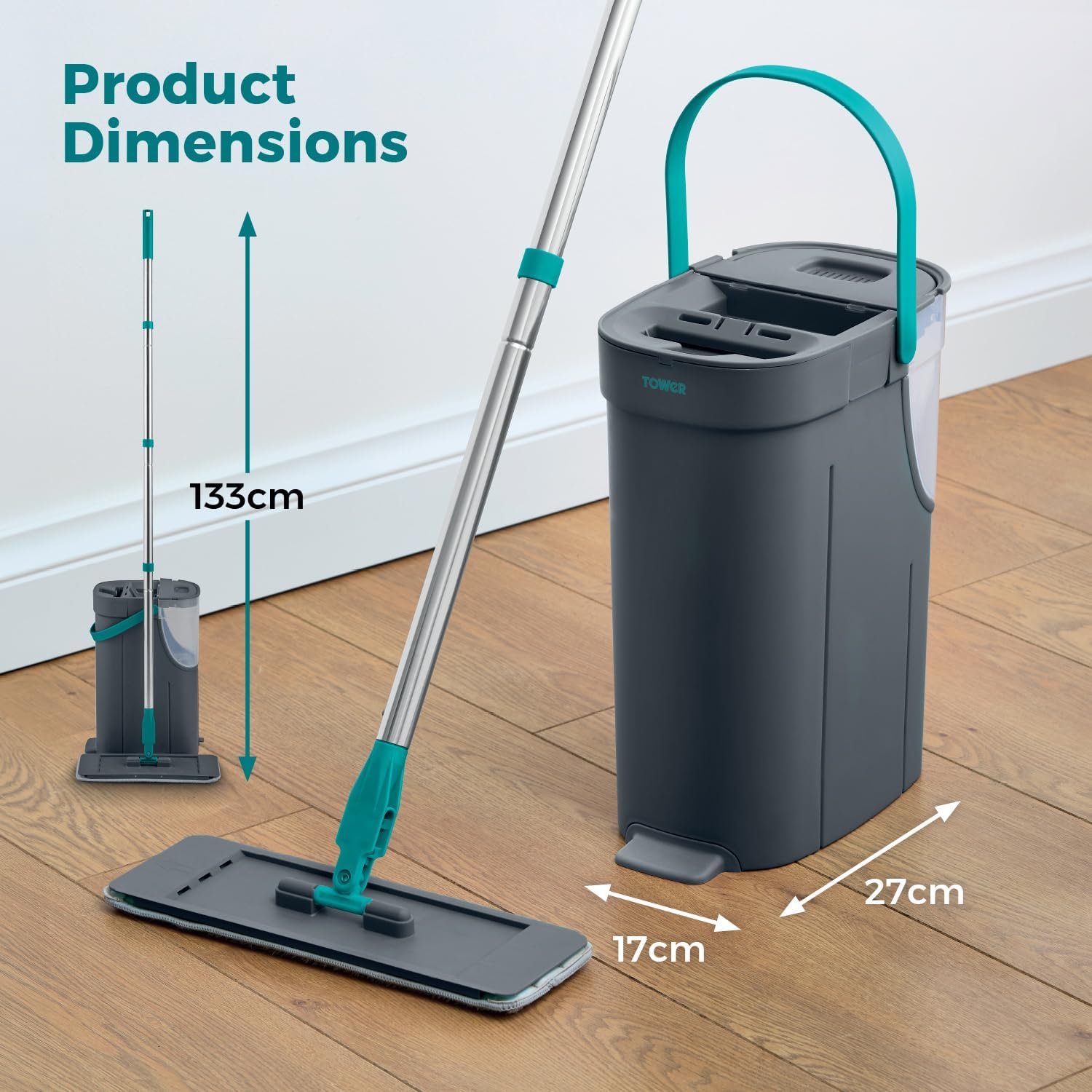 Diagram showing product dimensions of the mop and bucket