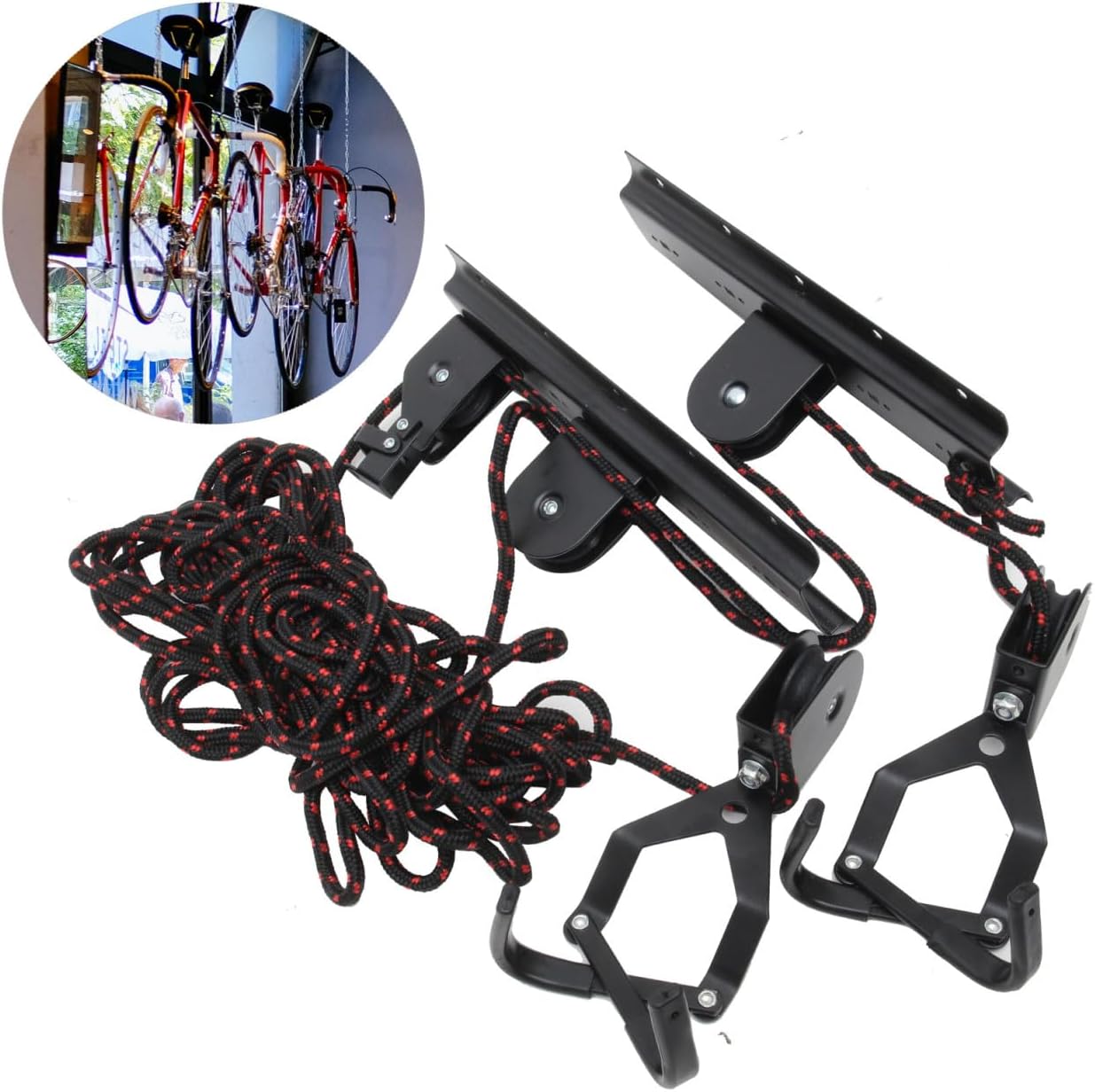 FUOYLOO Bike Hoist Lift Pulley System Indoor Wall Mount Bicycle Hanger Ceiling Rack Garage Storage for Mountain and Road Bikes Random Color