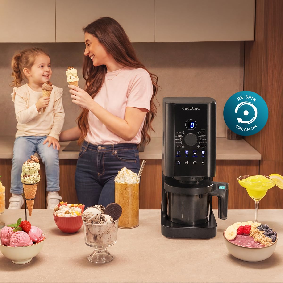 Cecotec Eismaschine Gelatec 1800, CreamOn and Re-Spin für ultra cremig, 10 Programme Eis & Ice-Drinks, Drehregler, Eis in 5 Min nach Einfrieren, 1,35 L mit 3x 450 ml BPA-frei, Mix-ins