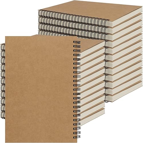JEUIHAU Paquete de 24 cuadernos de bocetos A5, 8.3 x 5.5 pulgadas, cuaderno en blanco con espiral A5, tapa de papel kraft marrón para dibujar,