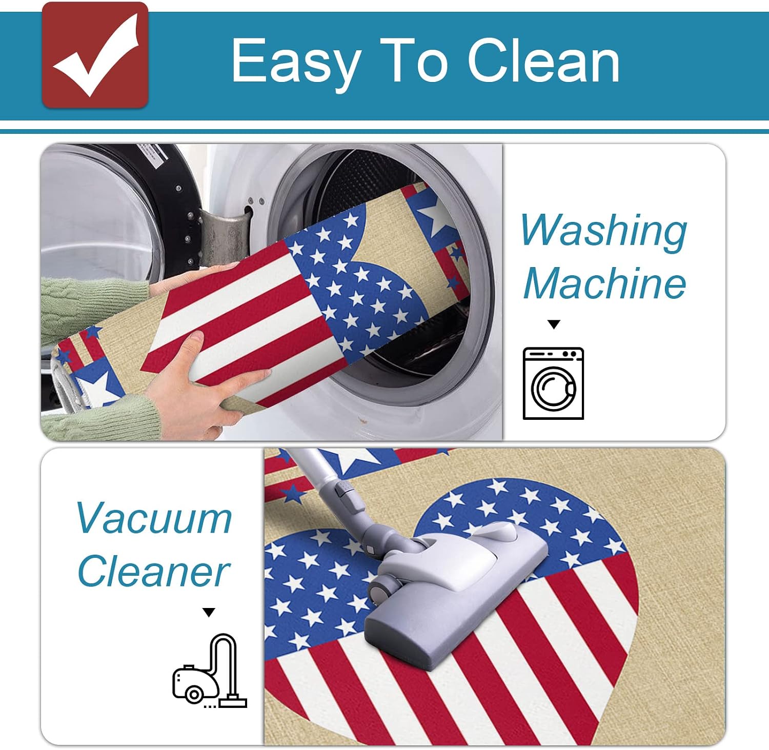 Prime Leader Happy 4th Kitchen Mat Set 2 Pieces of July USA Flag Love Heart Retro Linen Non Slip Kitchen Rugs Washable Runner Rug Mats for Sink Laundry (19.7" x 31.5"+19.7" x 63")