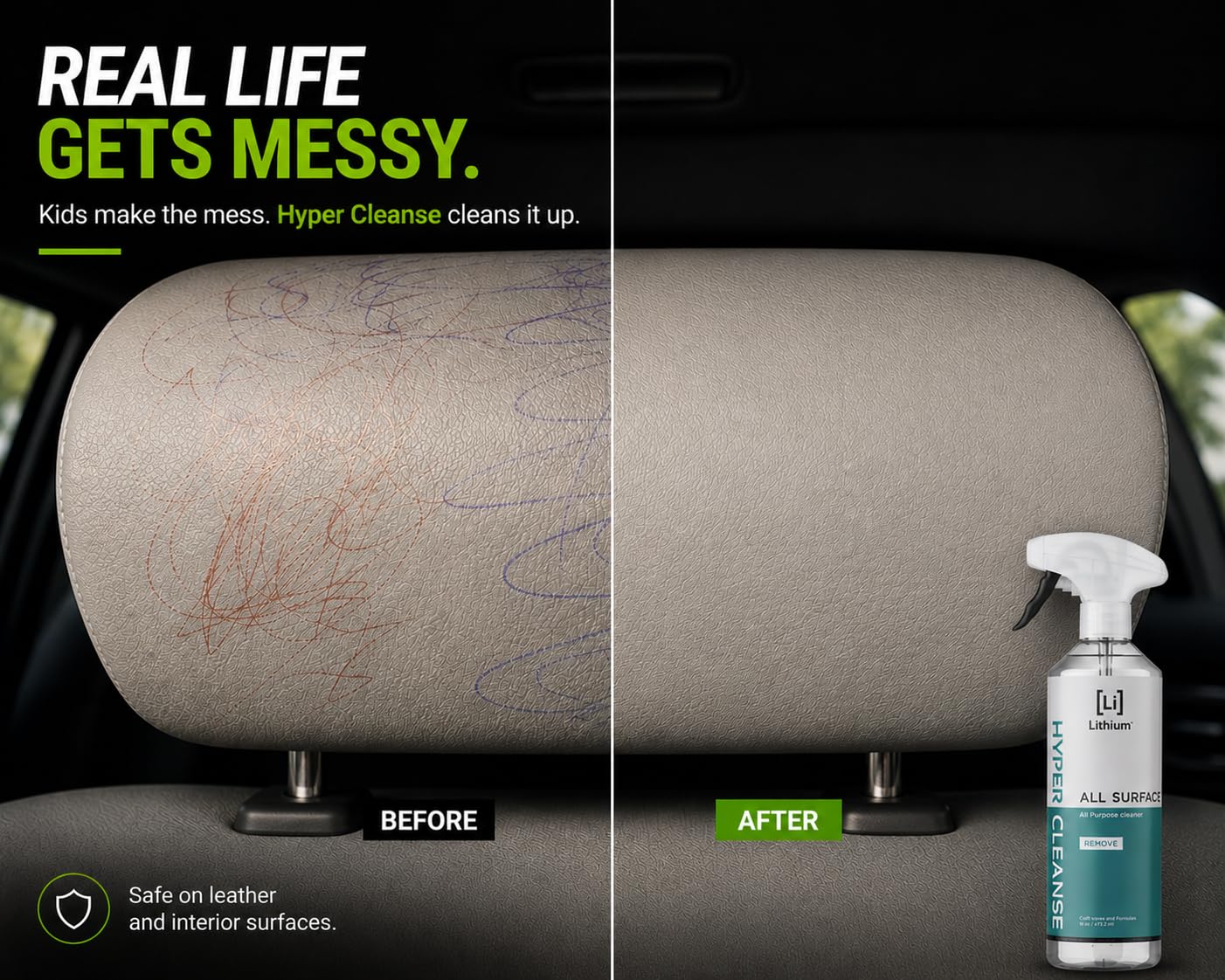 Limpiador de litio Hyper Cleanse limpiador multiusos última ciencia en la limpieza de cuero plástico alfombra vinilo elimina las manchas más duras protege penetra incluso grietas y plantas. 16 oz