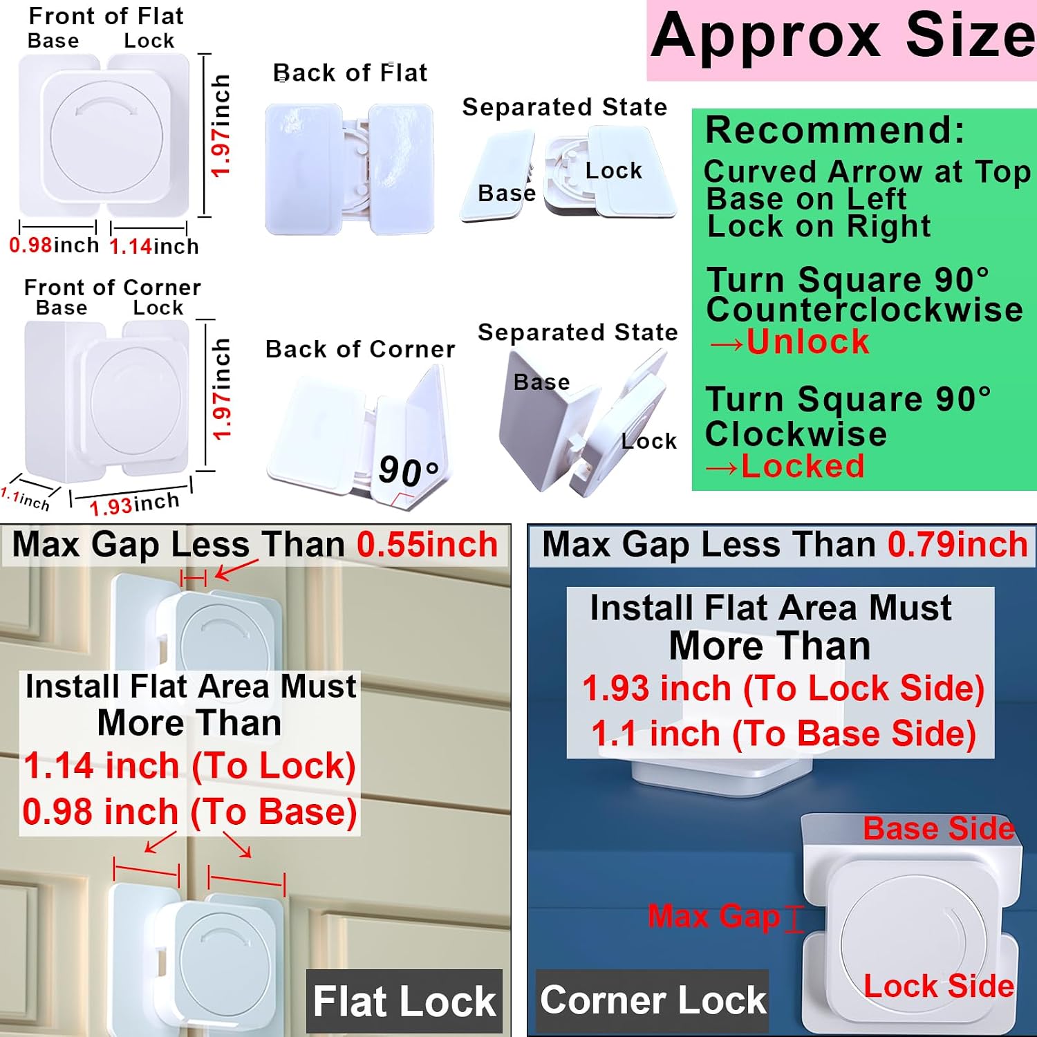 Corner & Flat Drawer Locks Baby Proofing, Refrigerator Lock Child Safety for Filing Cabinets Door Edges Oven Cupboard Kitchen Room, Fridge Latches Petproof for Toddler Cat, Upgarde Adhesive