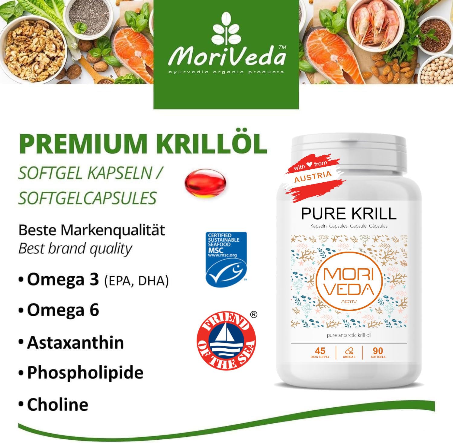 Capsules d'huile de krill - 1000mg d'huile de krill PURE pendant 135 jours - avec astaxanthine oméga 3-6 EPA DHA phospholipides de choline - Moriveda 3x 90 capsules