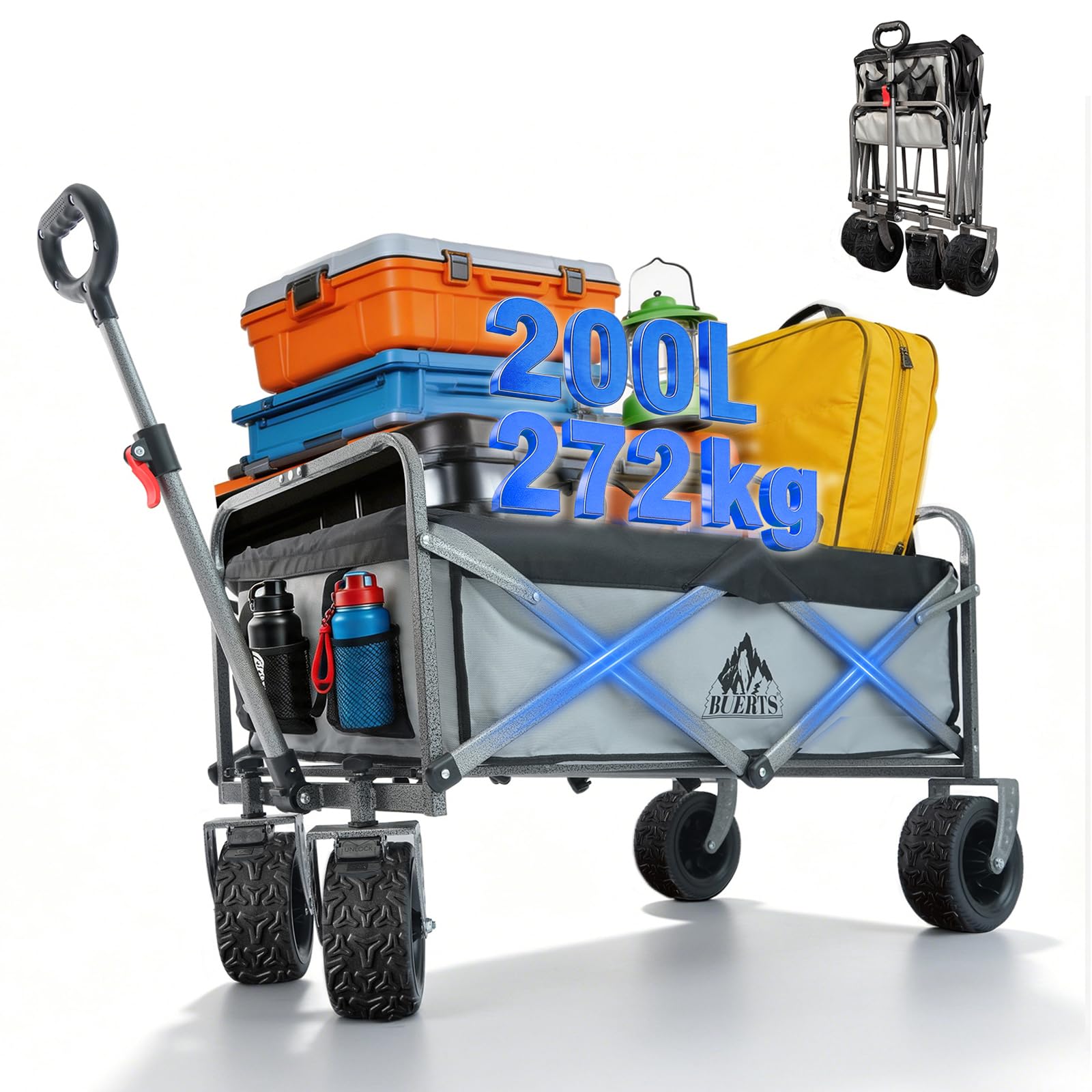 Chariot de Plage Pliable, Capacité 272KG, Roues Larges Tout-Terrain pour Plage, Jardin, Camping, Pêche et Barbecue, Gris