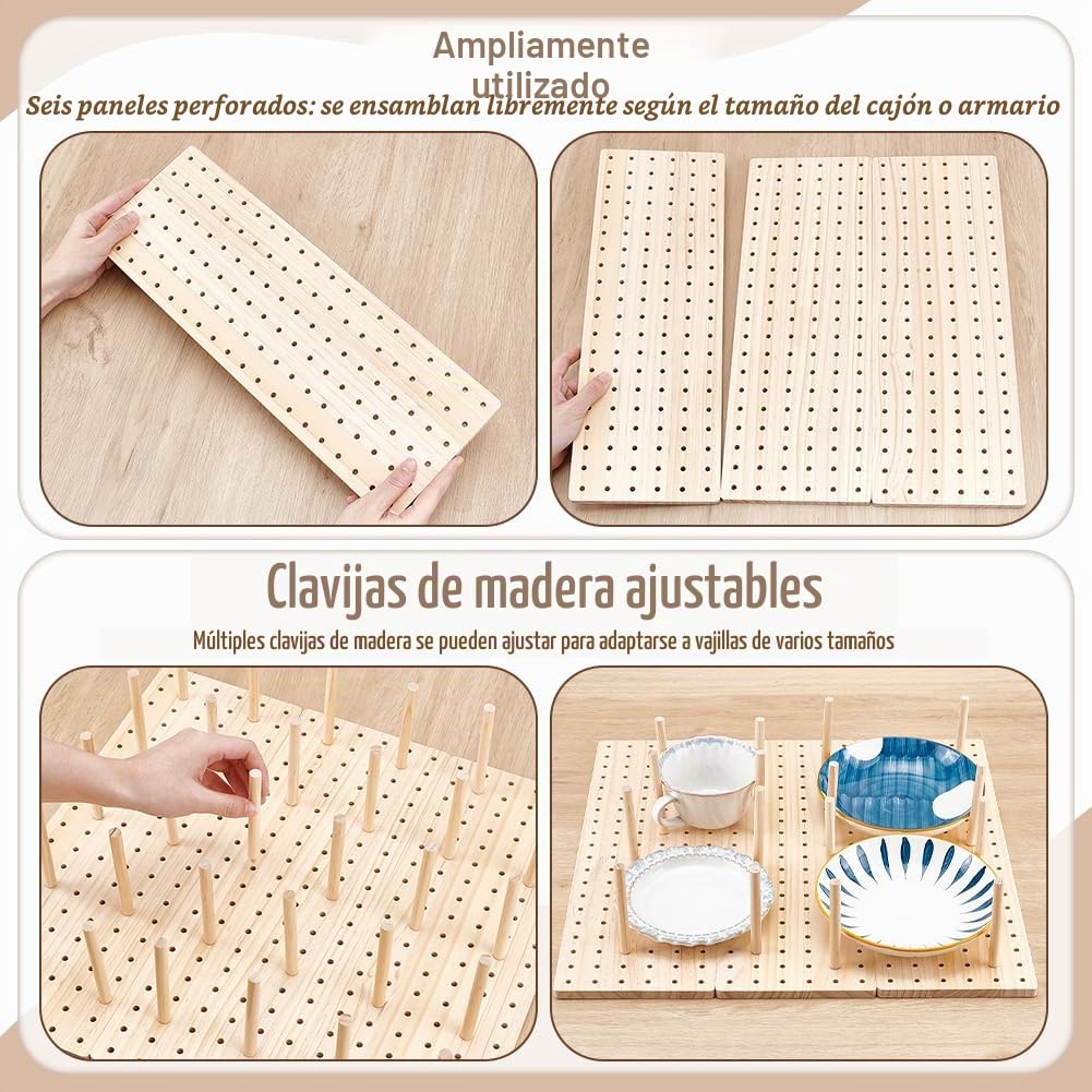 peacoblue Juego de 6 organizadores de cajones de madera, 40 clavijas y tornillos incluidos, para organizar platos de cocina, platos, recipientes de alimentos (17 x 5.9 pulgadas)