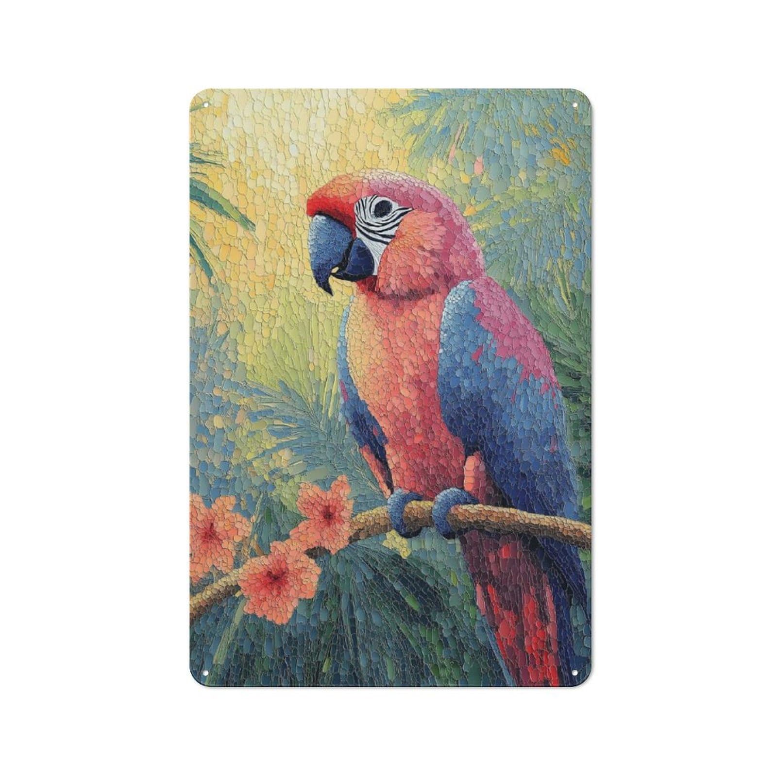 Junmoney Style-18 Mosaic Parrot With Flowers Barn Style Metal Wall Decor 30X20cm, Country Metal Sign For Kitchen, Cottage, Porch Or Garden Room