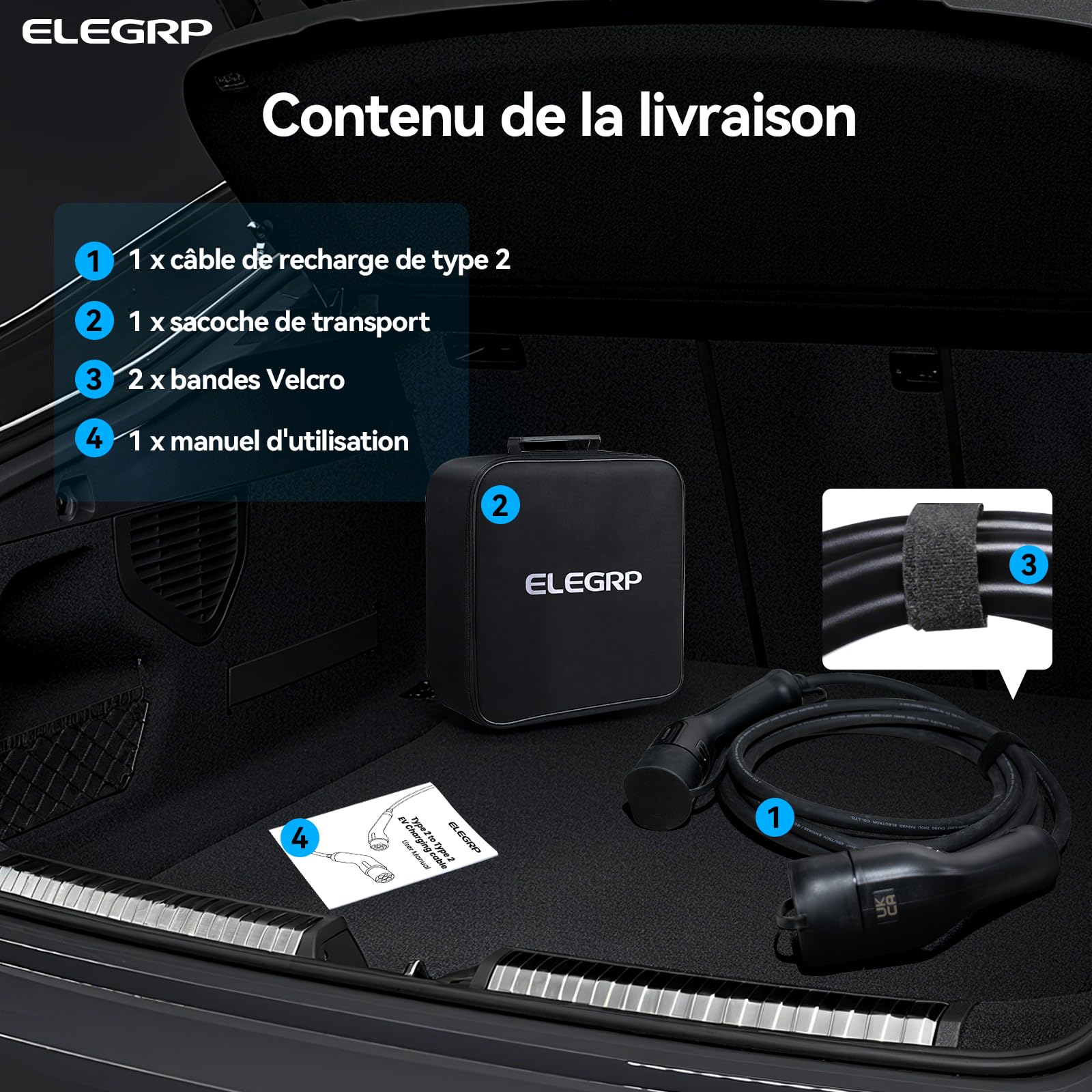 ELEGRP Câble de charge Type 2, 22kW 7M 32A 3-phases, câble de charge Type 2 vers Type 2 Mode 3 pour voiture électrique EV/PHEV avec sac de transport, adapté pour Model S/3/X/Y, VW ID.3 ID.4 e-Golf et