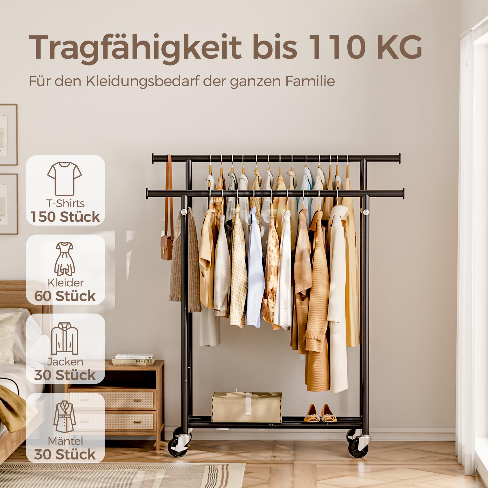 HYSEYY Kleiderständer auf Rollen, Doppel-Kleiderstange mit 4 feststellbaren Rollen und Ablage, bis 110 kg belastbar, Schwerlast-Garderobenständer für Schlafzimmer, Waschküche, schwarz