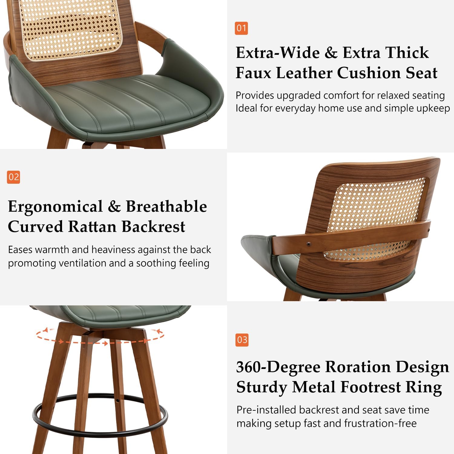 WUPOTO Rattan Bar Stools Set of 3-29.5 inch Swivel Bar Stools with Cane Back, Curved Arms, Faux Leather Upholstered Seat, Mid Century BarStools for Kitchen/Island/Pub (30" Seat Height, Green)