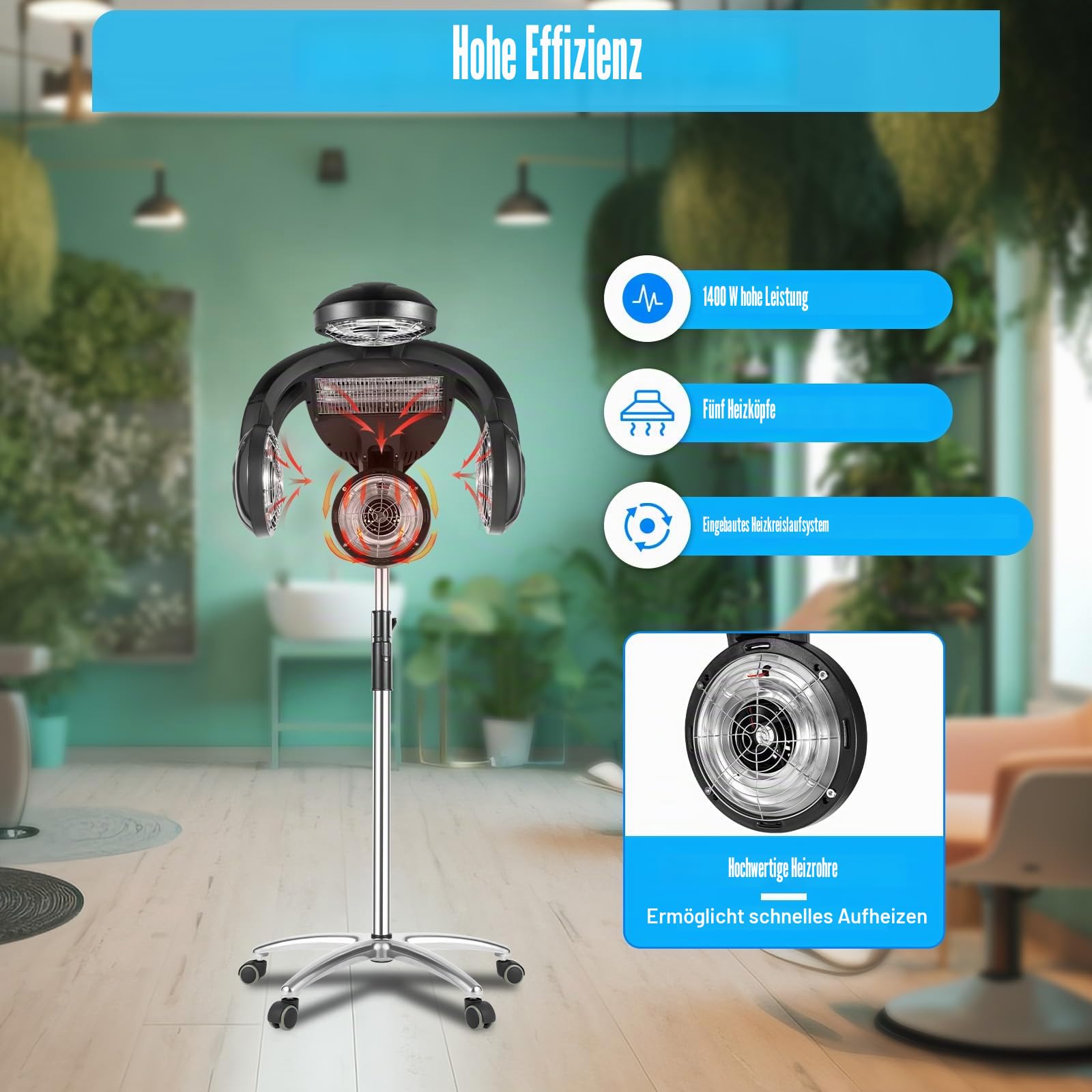 Salon Friseur Trockenhaube 1400W Haartrockenhaube Heizung Trockenhaube Bodenständer für Friseursalon mit Standfuß, 125-160cm höhenverstellbar, einstellbare Temperatur 40-75℃, 60min Schaltuhr