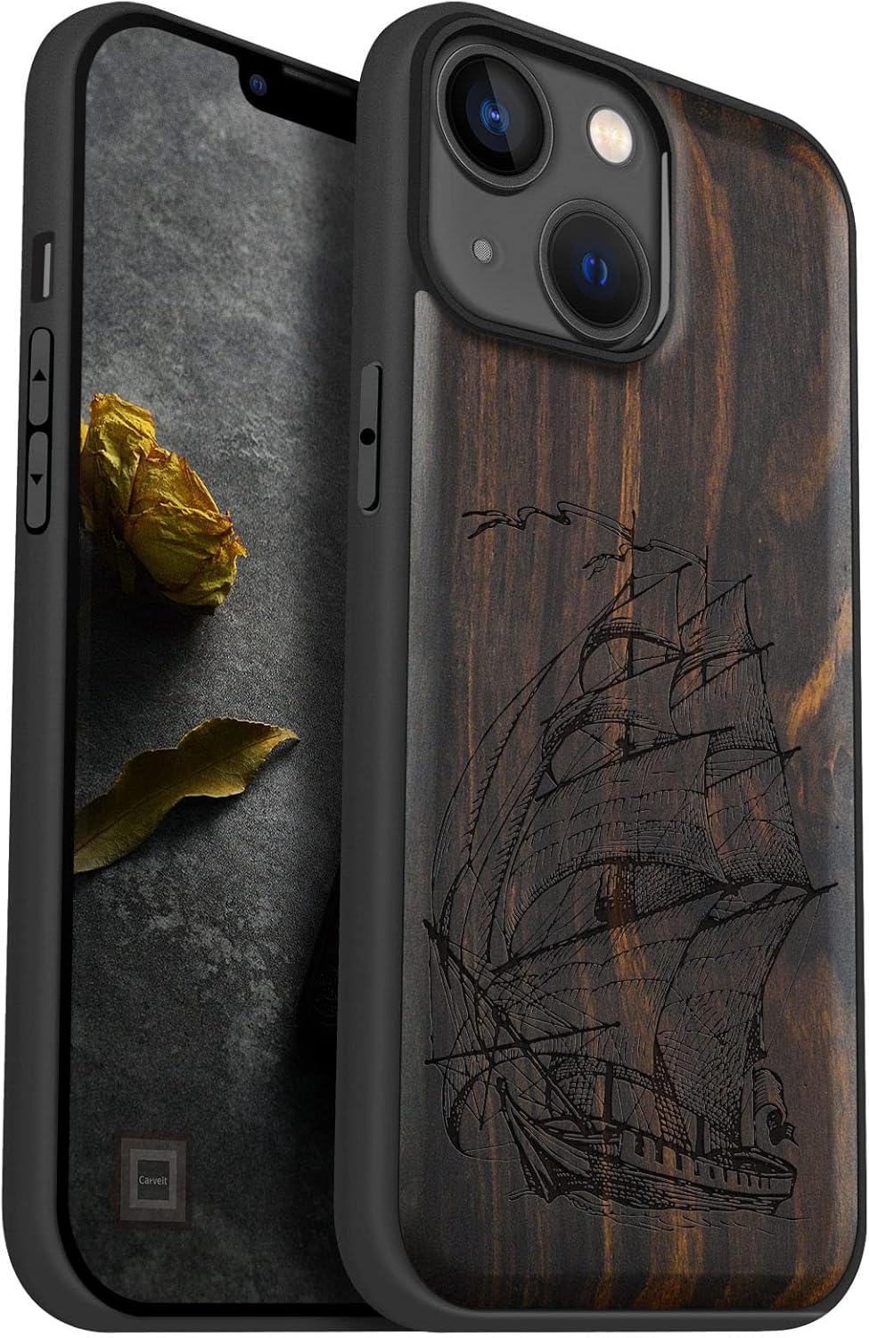 Carveit Magnetic Wood Case for iPhone 14 Case [Natural Wood & Black Soft TPU] Unique & Classy Wooden Shockproof Protective Cover Compatible with magsafe (Pirate Ship -Blackwood)