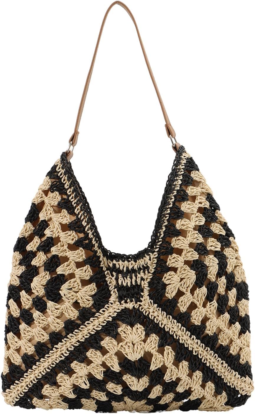 STAYOUNGStraw Hobo Bags for Women, Vintage Shoulder Bag, Everything Tote Bag, Designer Beach Bag Holiday Summer(Black)
