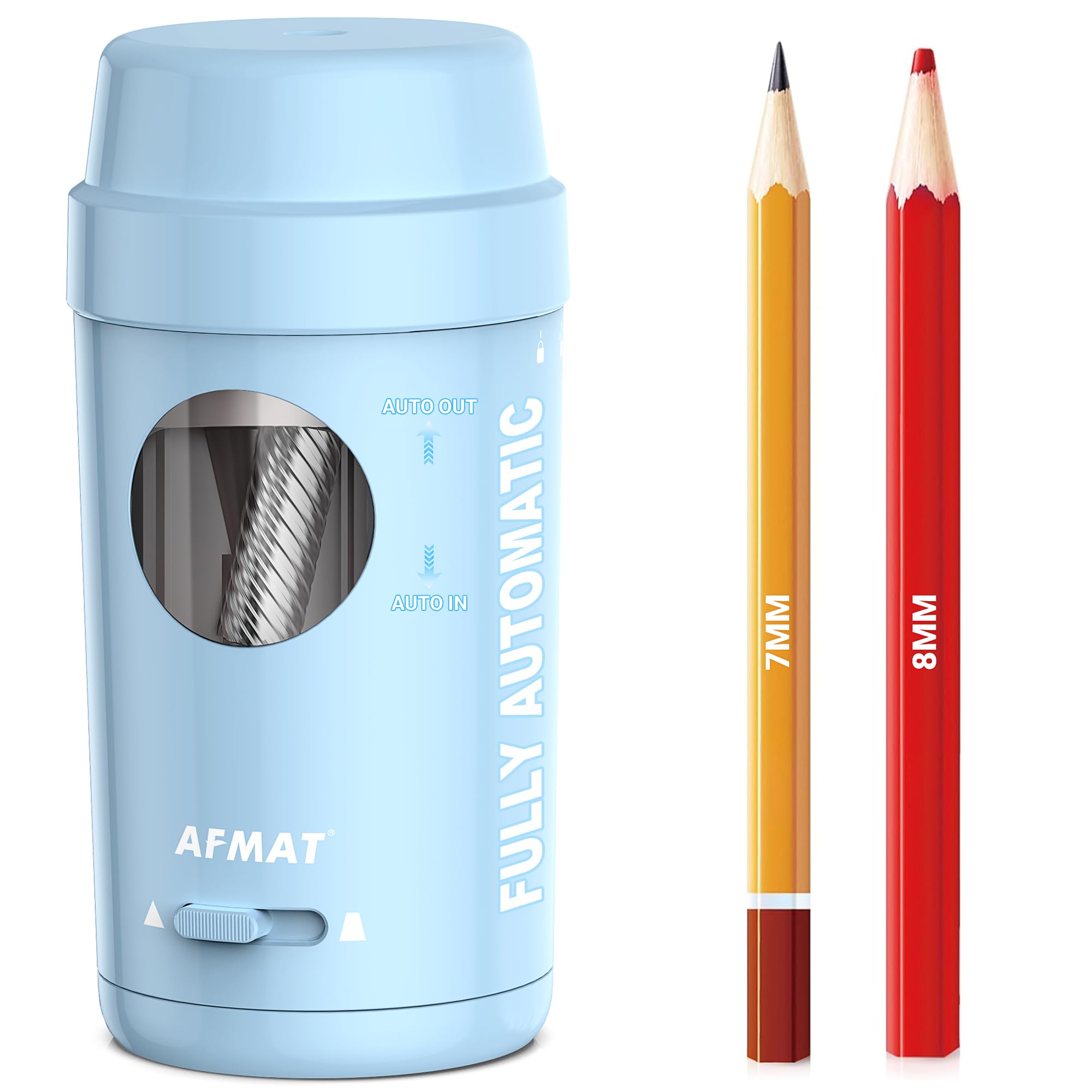AFMAT Electric Pencil Sharpener for Colored Pencils 7-8 mm, Rechargeable Fully Automatic Pencil Sharpener, Auto in&Out,Battery Powered,Safe Portable Electric Sharpener for Home,Office,School,Blue PSX8