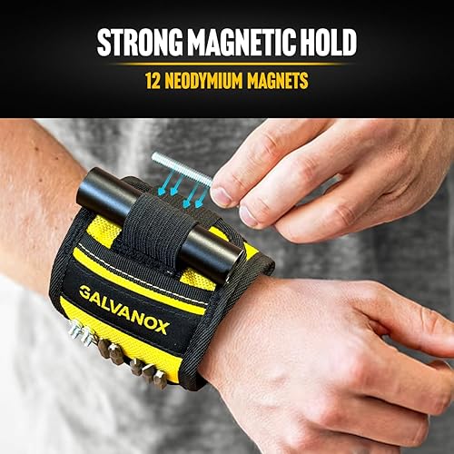 Miniatura 5 de Galvanox Pulsera magnética con luz de trabajo manos libres (3 modos) para sujetar tornillos, clavos y brocas, nailon duradero con potentes imanes,