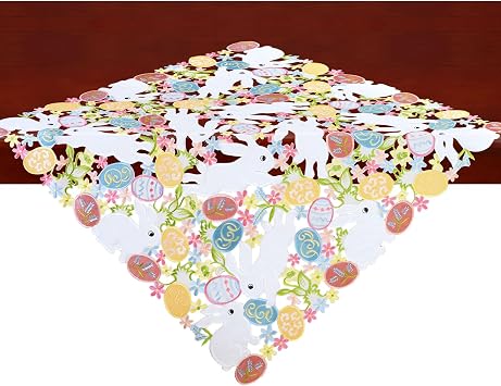 Embroidered Bunny and Colorful Eggs Small Square Tablecloth for Easter Holiday or Spring Season 34 x 34 inches