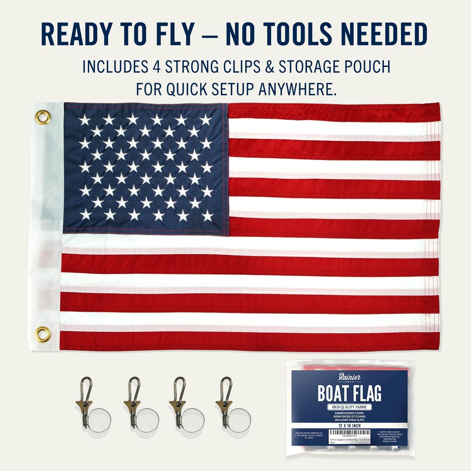 RainierSupplyCo American Flag for Boat - 12x18 USA Boat Flags with Embroidered Stars, Sewn Stripes, 2 Brass Grommets, 4 Heavy Duty Clips - Outdoor US Banner for Pontoon, UTV, Boating Accessories - Image 6