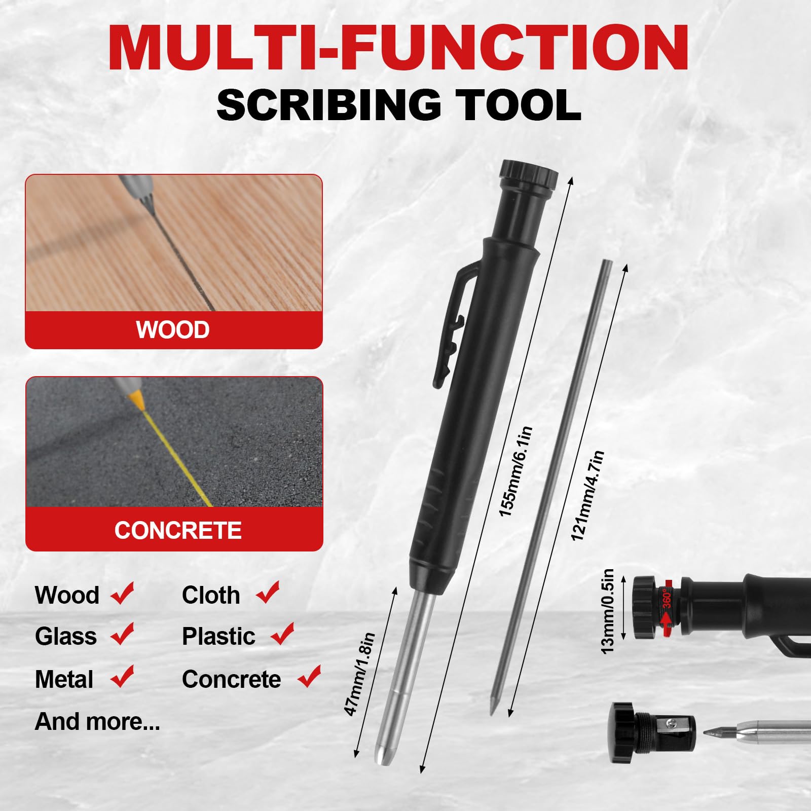 Multi-Function Scribing Tool, Aluminium Alloy Scribe Tool With 7 Leads Carpenter Pencils, Deep Hole Pencil With Sharpener For Woodworking, Gauge Scriber Line Maker, For Men's Architectural DIY Gifts — Amazon image 4