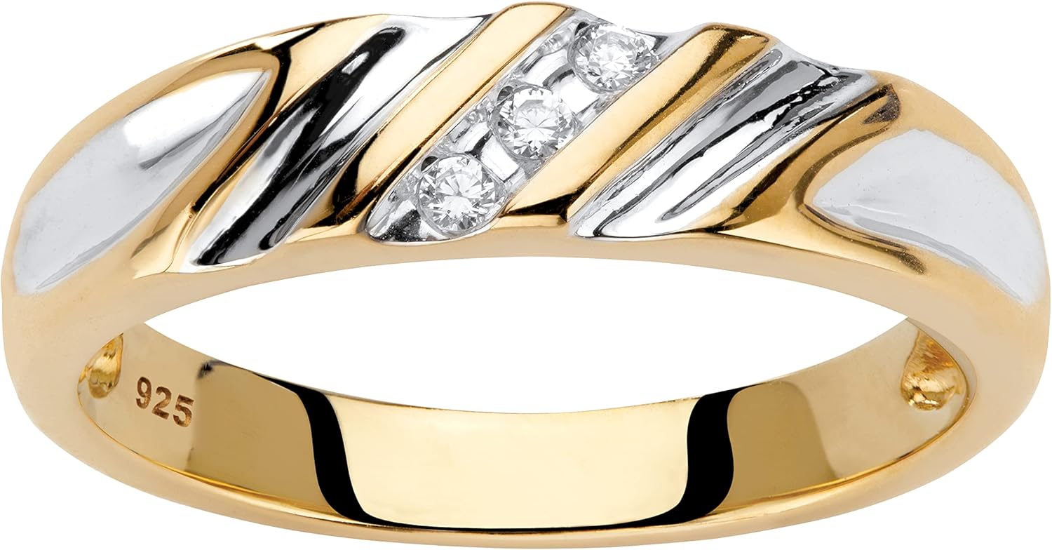 メンズ 18Kゴールドメッキ スターリングシルバー 本物のダイヤモンドアクセント ツートンカラー 溝付きリング ホワイト