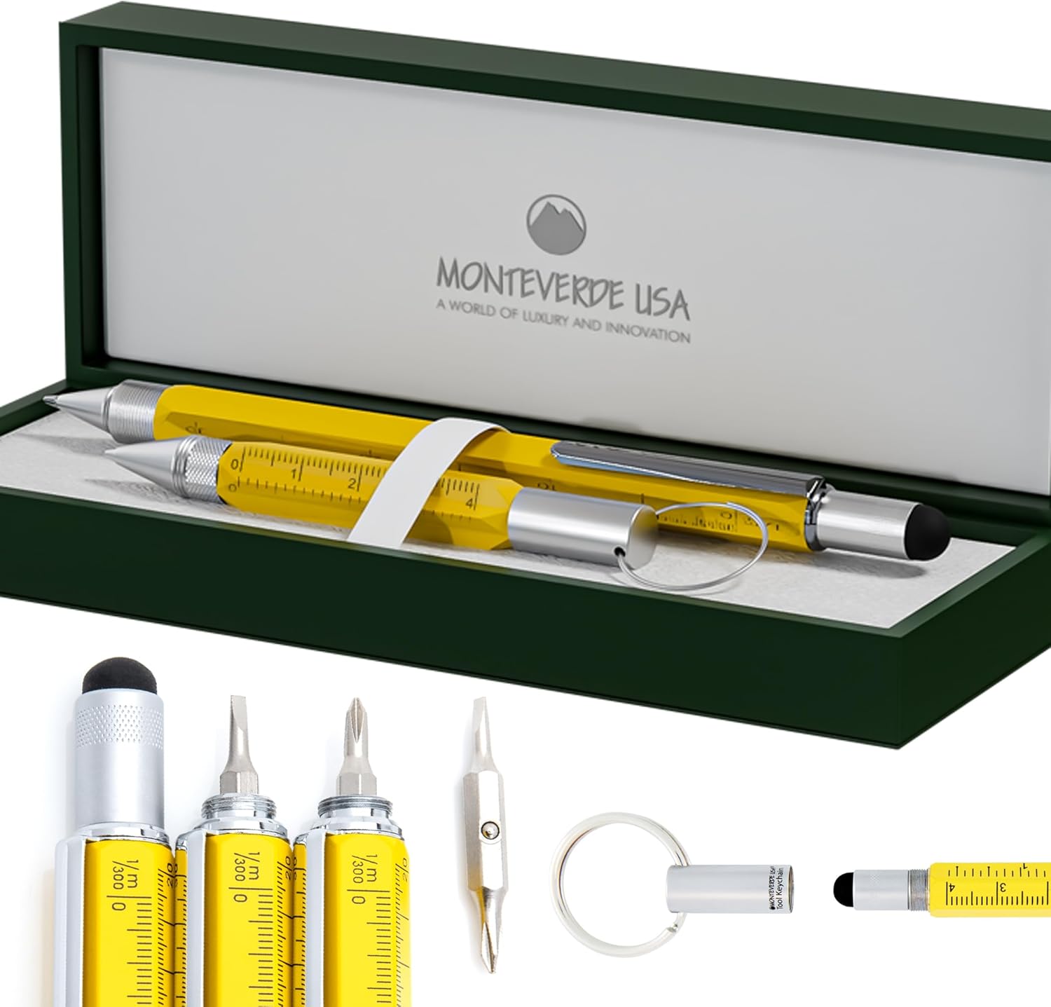 Monteverde One Touch Tool Set Ballpoint Pen with Stylus Yellow + Tool Pen Keychain – 6-in-1 Multifunction Pen Set from Exclusive Collection – Ideal for Engineers (MV35478)