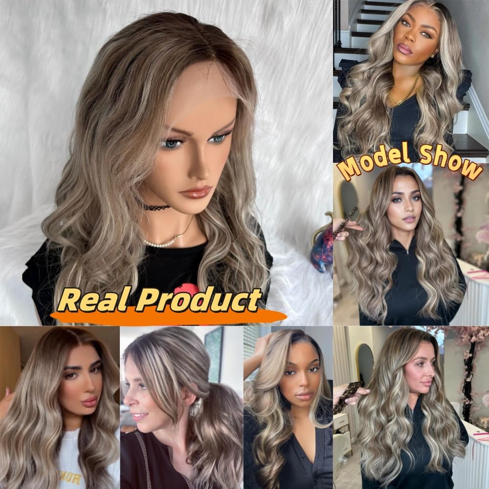 Amazon.com : 16 Inch Dark Roots Ash Blonde Lace Front Wig  display picture 3