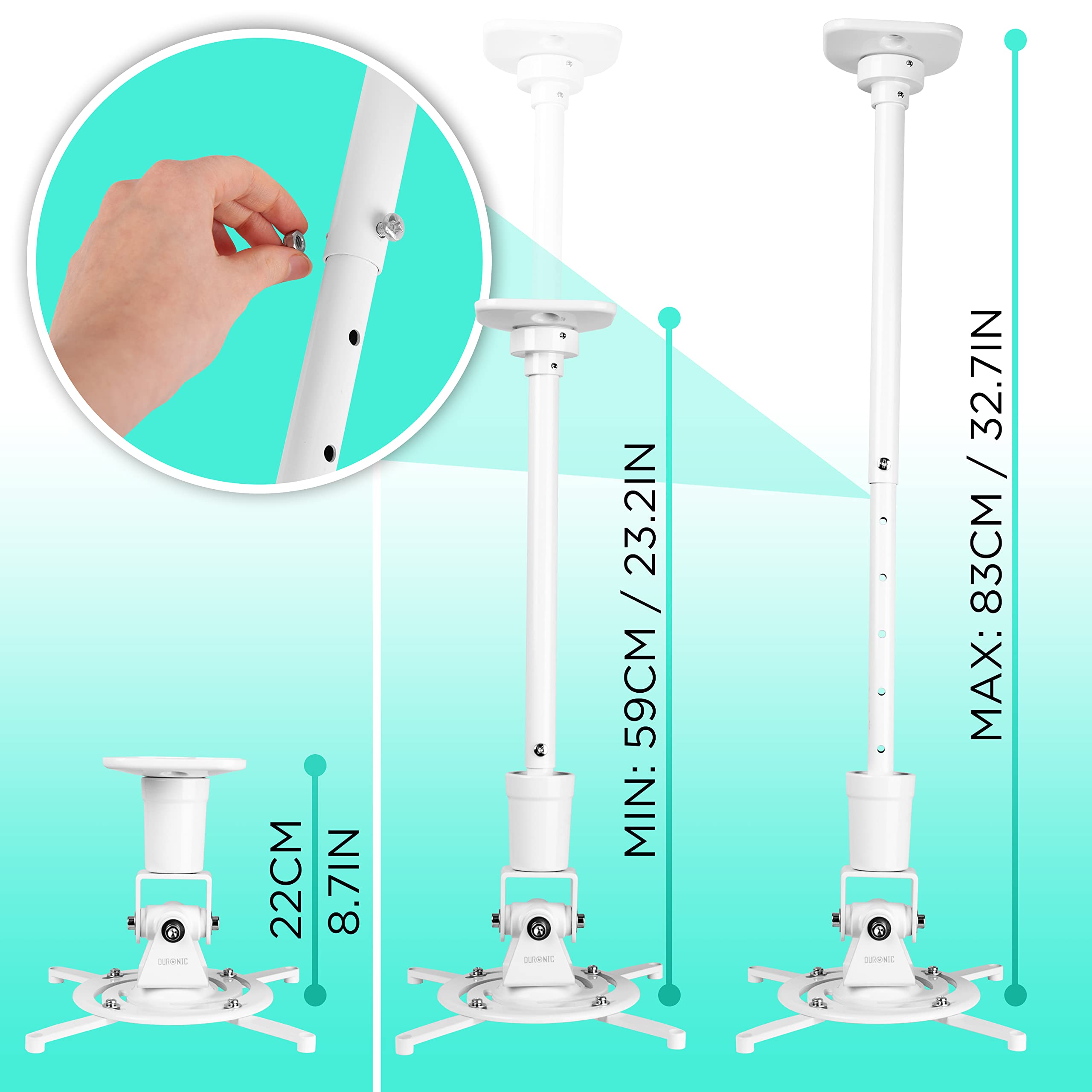 Duronic PB08XL, Soporte para Proyector, Capacidad de 10 kg, Universal | Soporte de Montaje Extra Largo para Techo, Robusto, Fijaciones Incluidas, Rotación de 360°, Rotación de 180°
