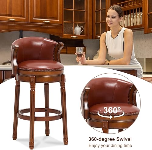 Miniatura 6 de CozyRain Taburetes de bar de madera de goma, taburete de bar tapizado de cuero con respaldo y reposapiés para el hogar, cocina, mostrador, comedor