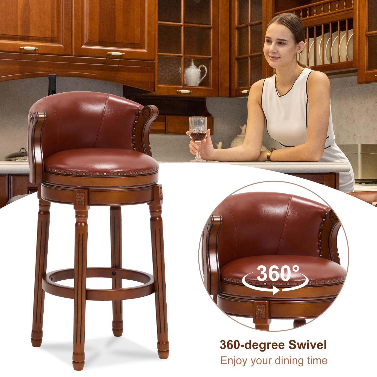 CozyRain Tabourets de Bar pivotants en Bois d'hévéa avec Dossier et Repose-Pieds pour la Maison, la Cuisine, Le comptoir, la Salle à Manger (Marron, Hauteur du siège 75 cm)