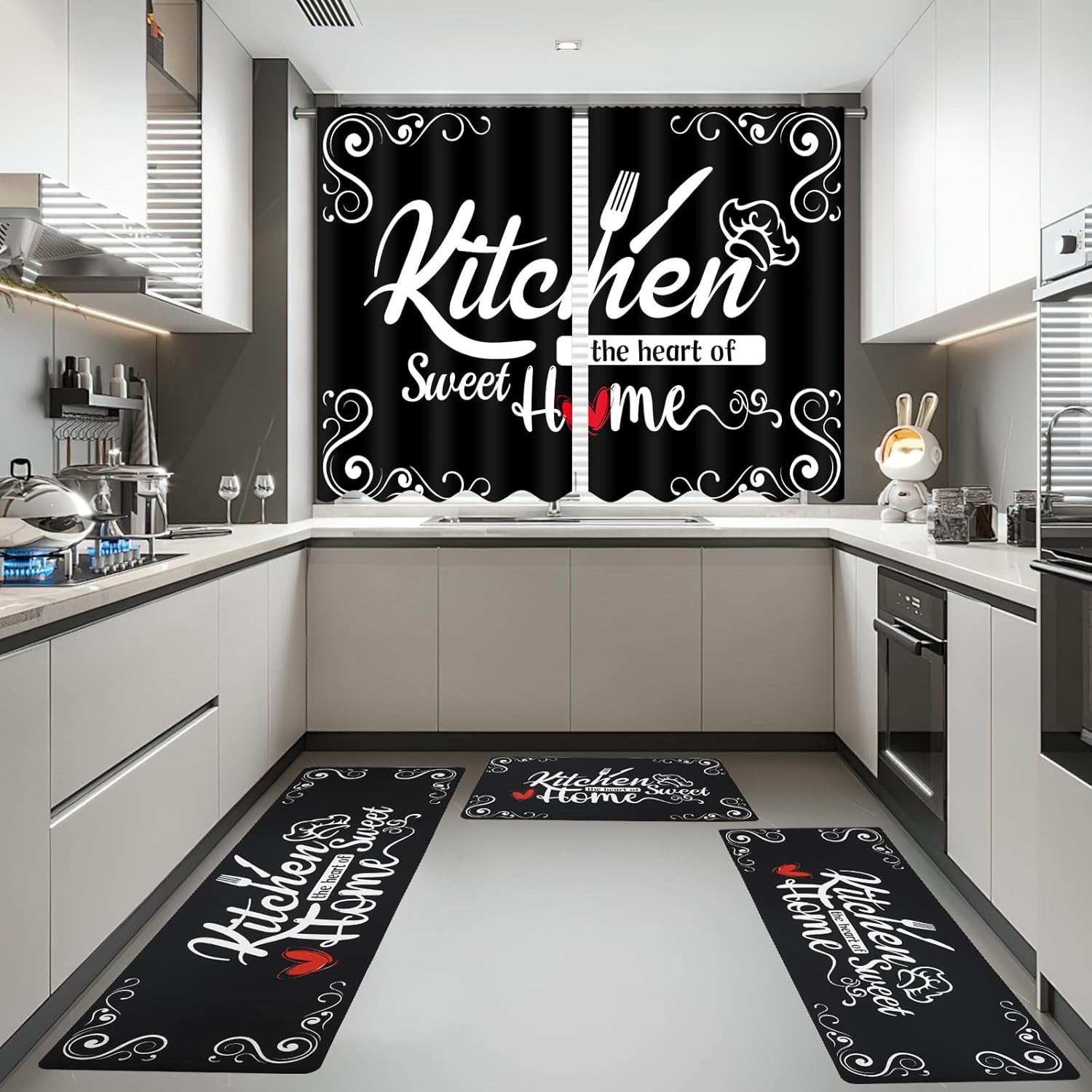 Black Kitchen Runner Rugs 4 Piece Set with Curtain, Non Slip Cushioned Carpet for Floor Waterproof Comfort Kitchen Rugs and Mats Farmhouse Chef Mats Floor Carpet for Sink,Laundry Room