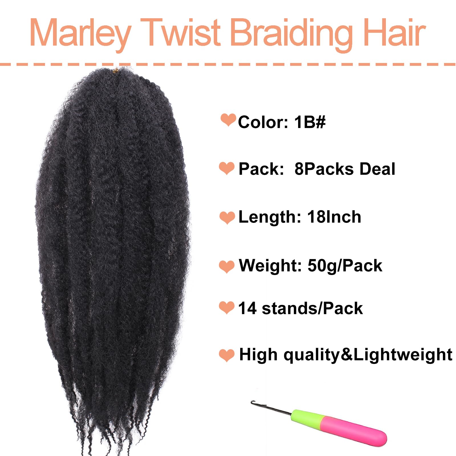 Marley Twist Braiding Extensions 18 Inch 8 Packs Afro Kinky Curly Twist Crochet Hair Synthetic Marley Hair (18 Inch 8packs, 1B) - Image 2