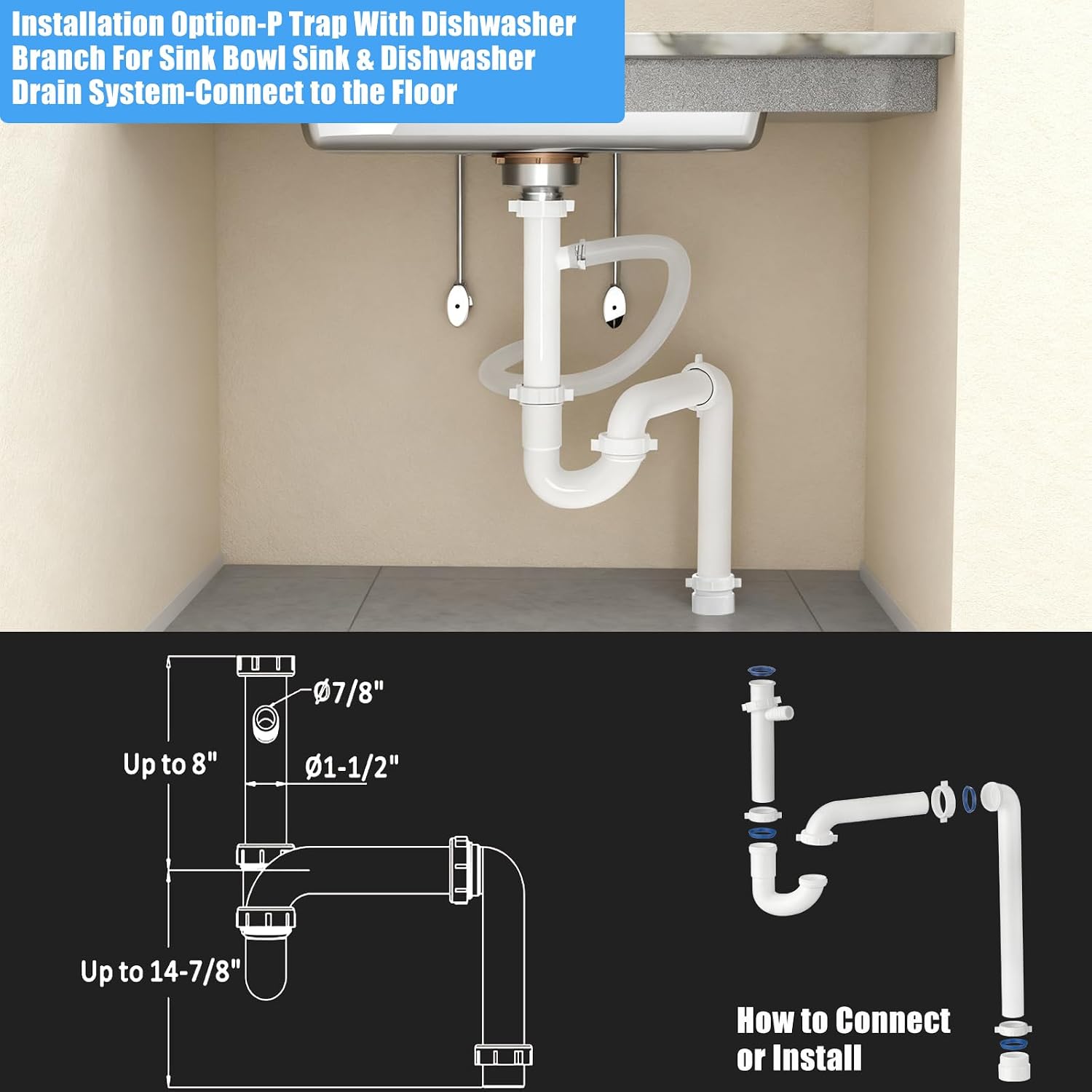(1 Pack-White) eflyefly 1-1/2 inch Kitchen Sink Drain Kit Include All Necessary Component Replacement Tubular Plumbing
