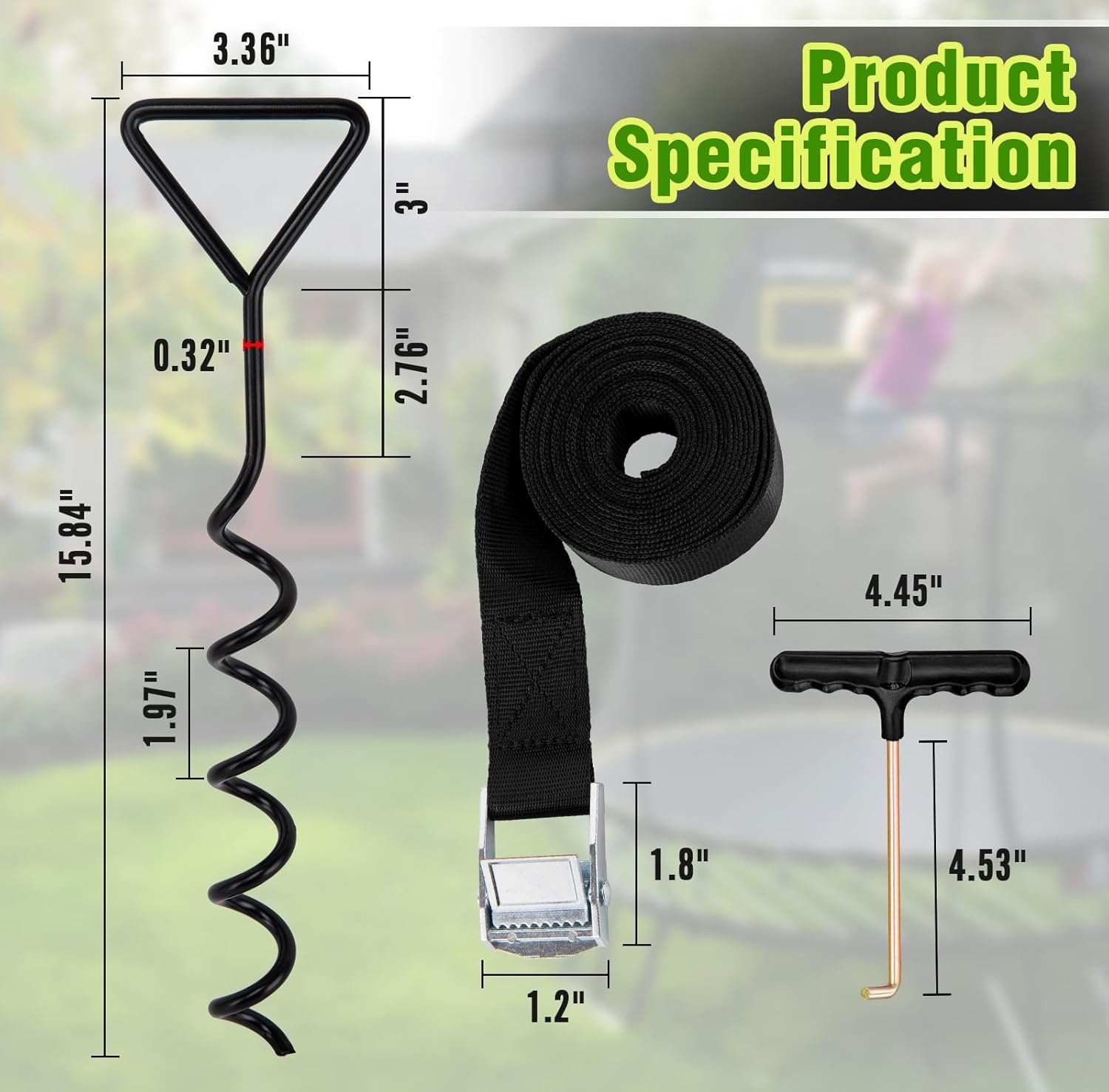 Trampoline Tie Down Anchor Kit, Corkscrew Shape Steel Trampoline Stakes Anchors High Wind Heavy Duty, Trampoline Tie Downs with T Hook for Trampolines, Spiral Ground Stakes (Set of 4)