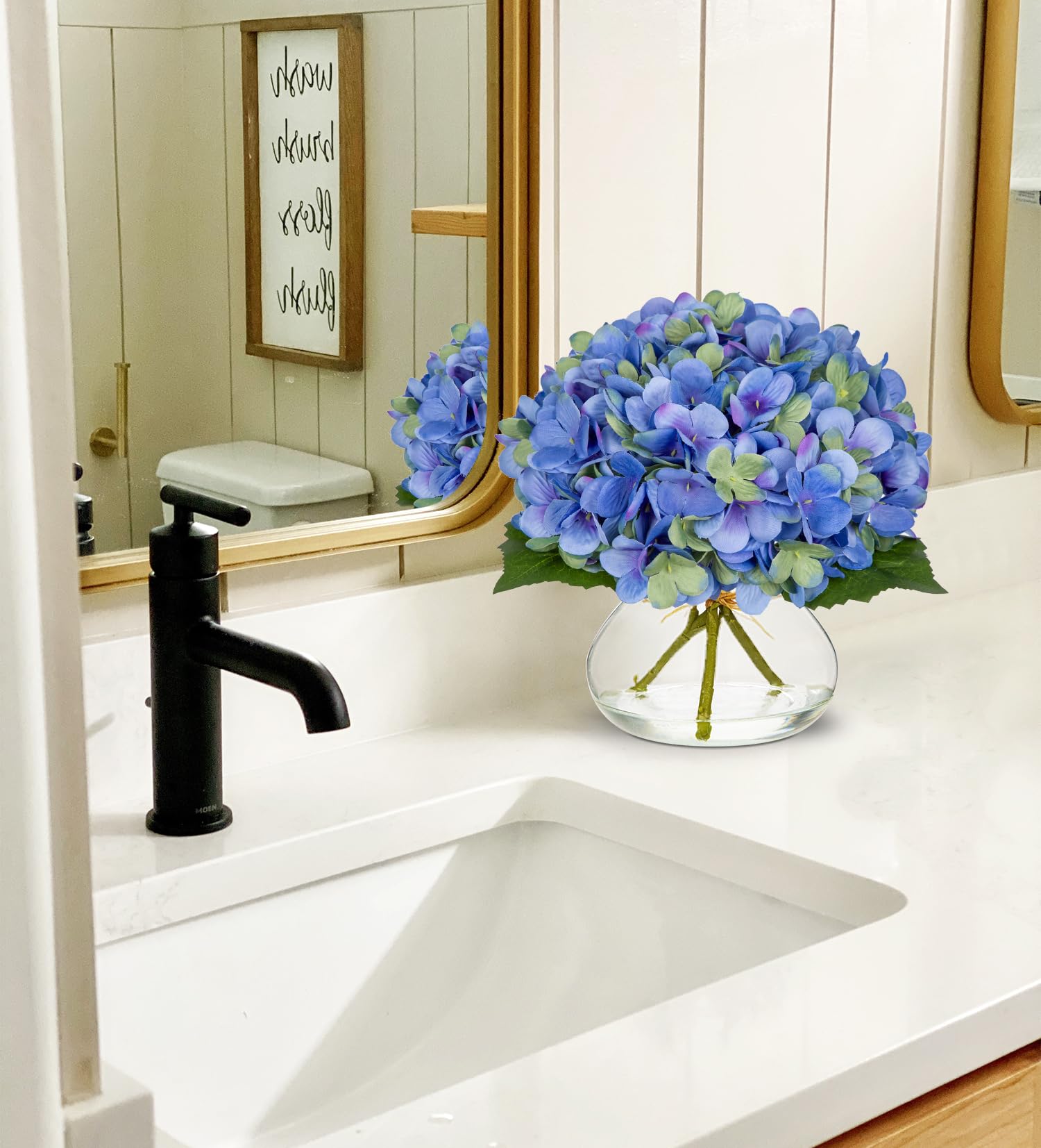 Oairse Hydrangea Artificial Flowers with Glass Vase Blue Silk Faux Flowers Arrangements in Vase with Faux Water Fake Floral Bulk Bouquet for Home Wedding Decor Table Centerpiece Decorations - Image 3