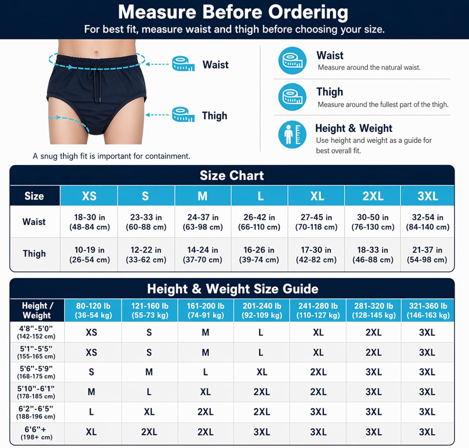 AQX Reusable Adult Swim Diapers Special Needs, Washable Cloth Diapers Leakproof, Swimmers Nappy Trunks Pull Ups for Incontinence Protection Unisex (3XL, Blue)
