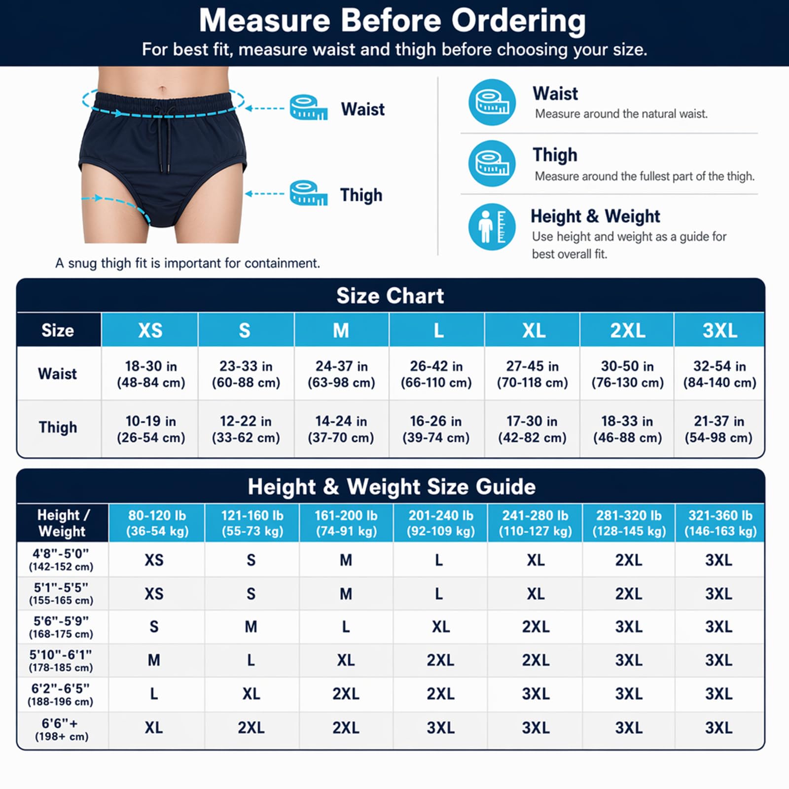 Pannolini da nuoto riutilizzabili per adulti AQX, lavabili, a prova di perdite incontinenza, unisex (S, blu)